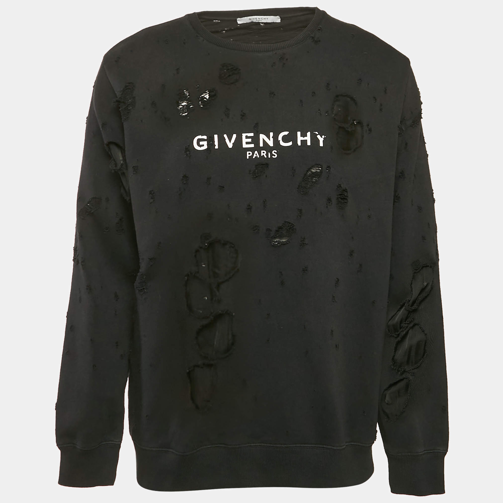 Givenchy Black Logo Print Cotton Knit Distressed Sweatshirt M