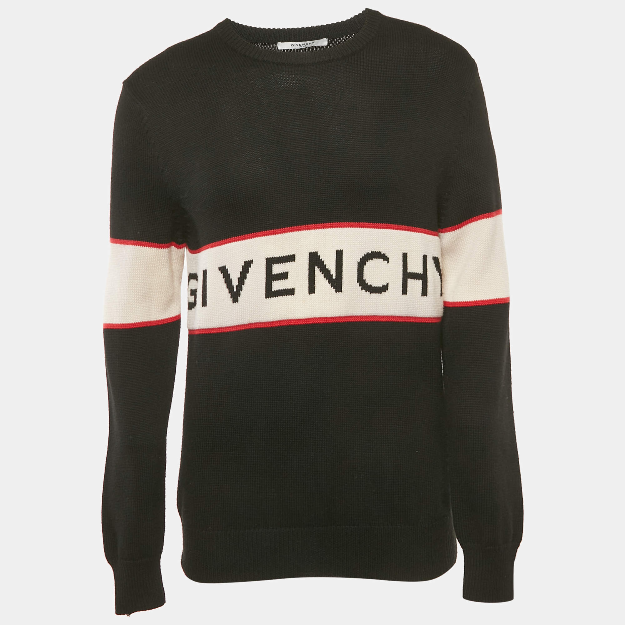 Pre Owned Givenchy Black Logo Intarsia Rib Knit Sweater L