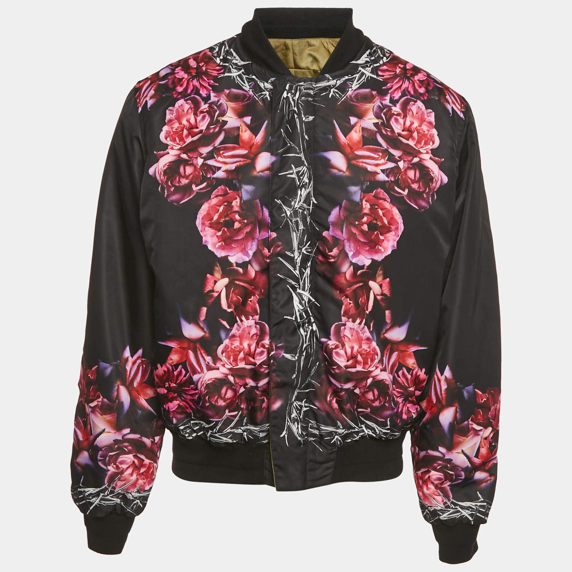 Pre Owned Givenchy Black Thorn & Rose Print Nylon Reversible Bomber Jacket L