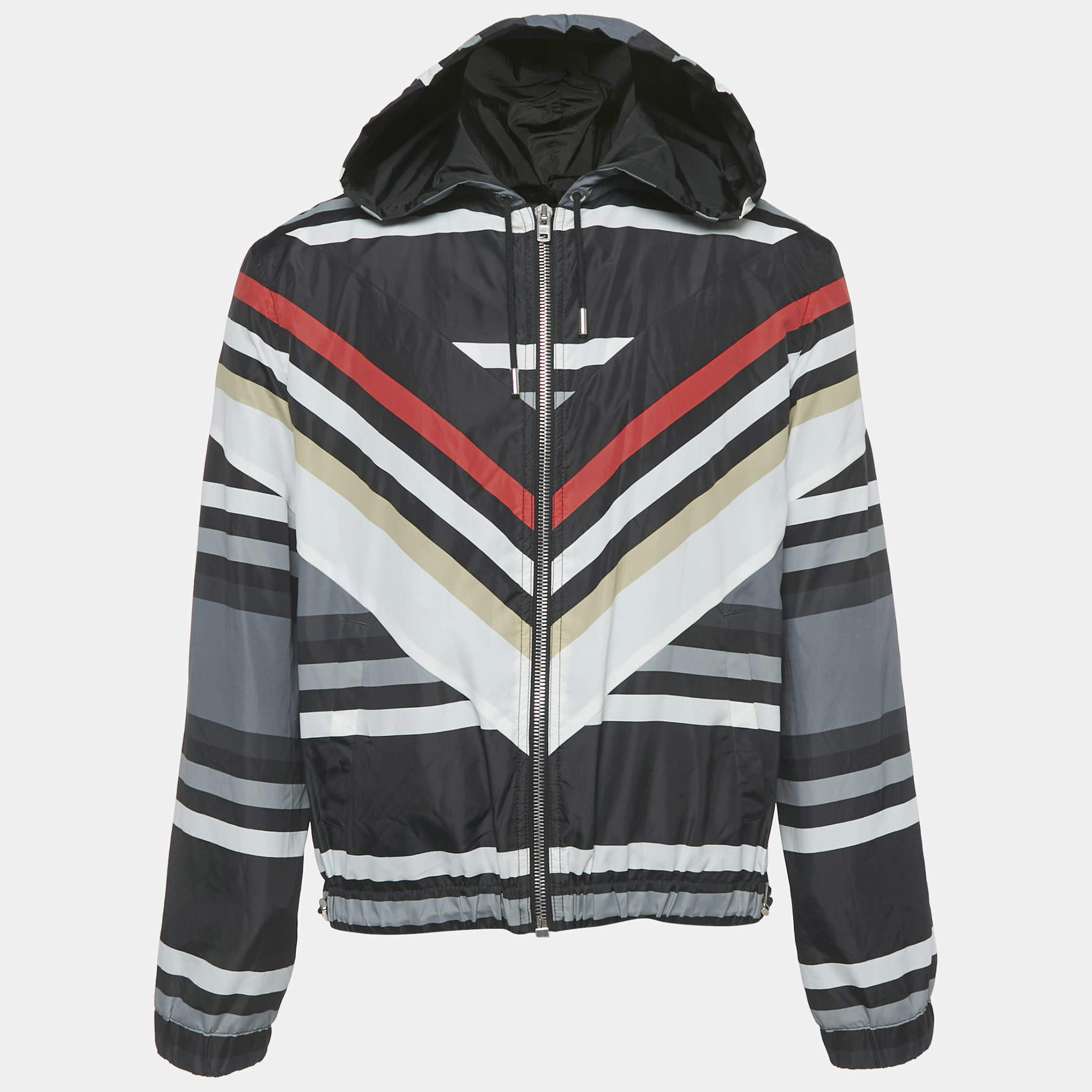 Pre Owned Givenchy Black Chevron Print Nylon Hooded Parka Jacket L