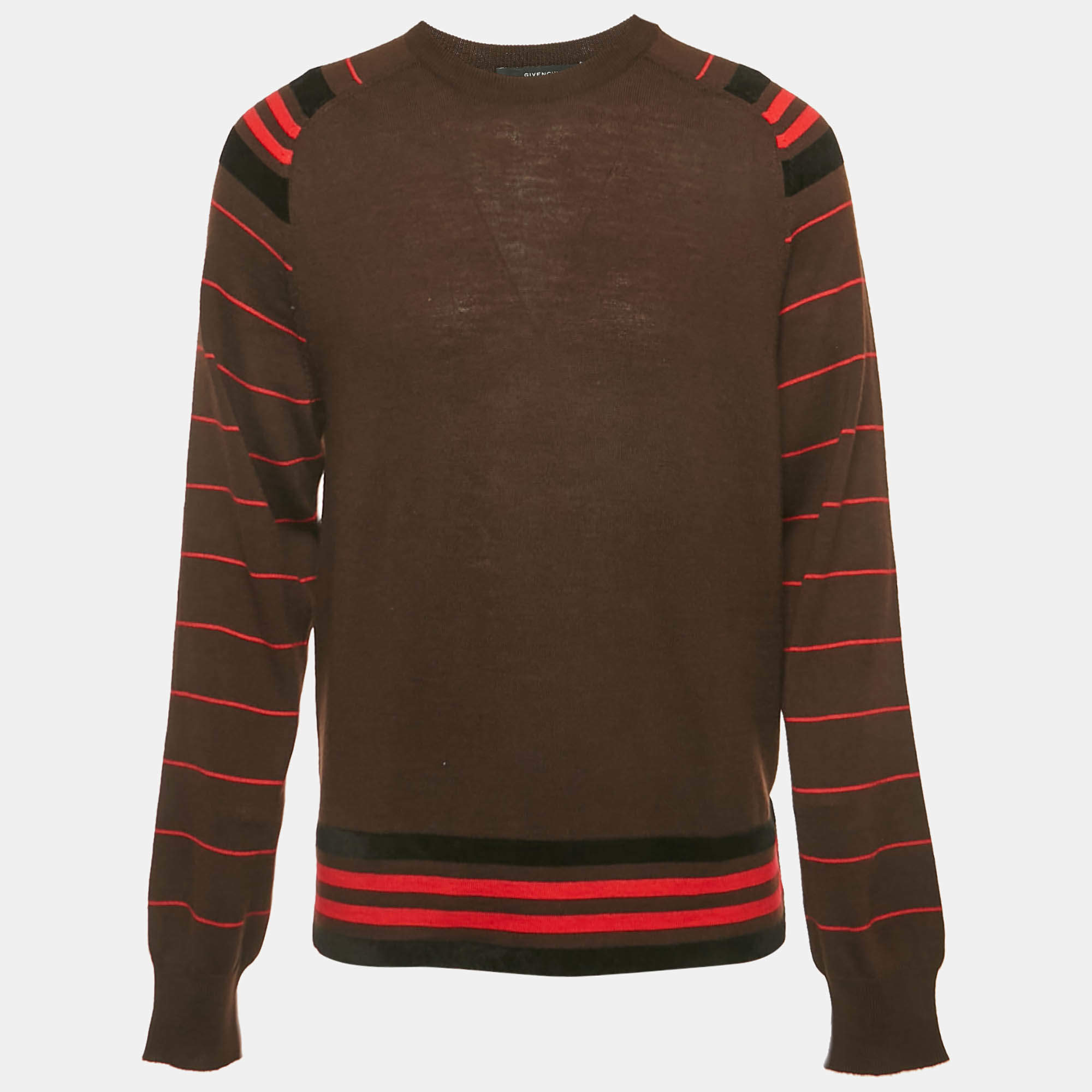Pre Owned Givenchy Brown Velvet Trim Wool Knit Sweatshirt L