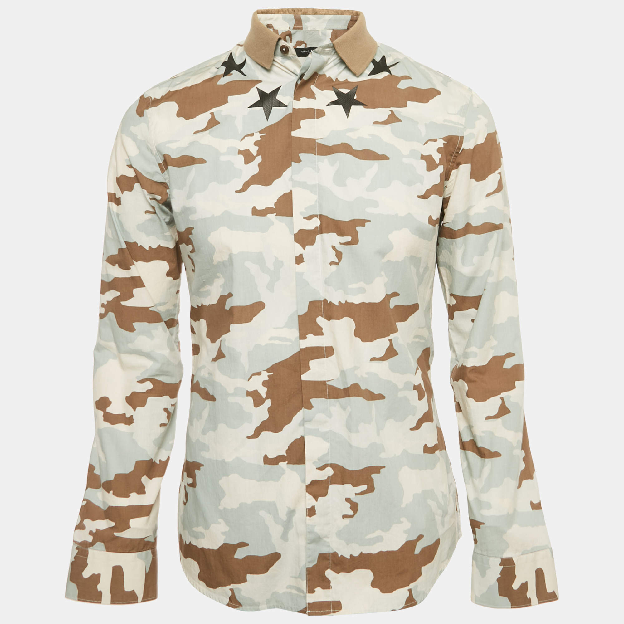 Pre Owned Givenchy Blue Camouflage Cotton Rib Collar Shirt M