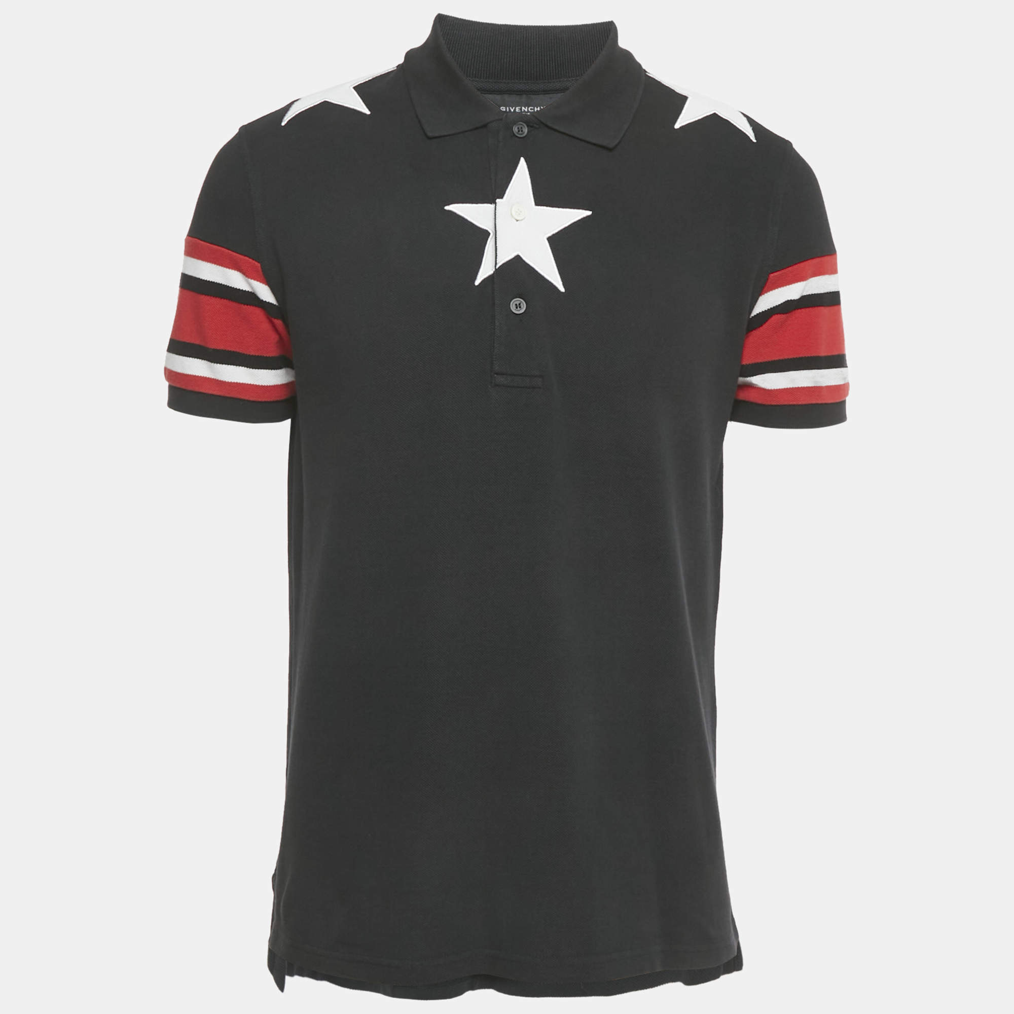 Pre Owned Givenchy Black Star Applique Cotton Pique Polo T-Shirt M