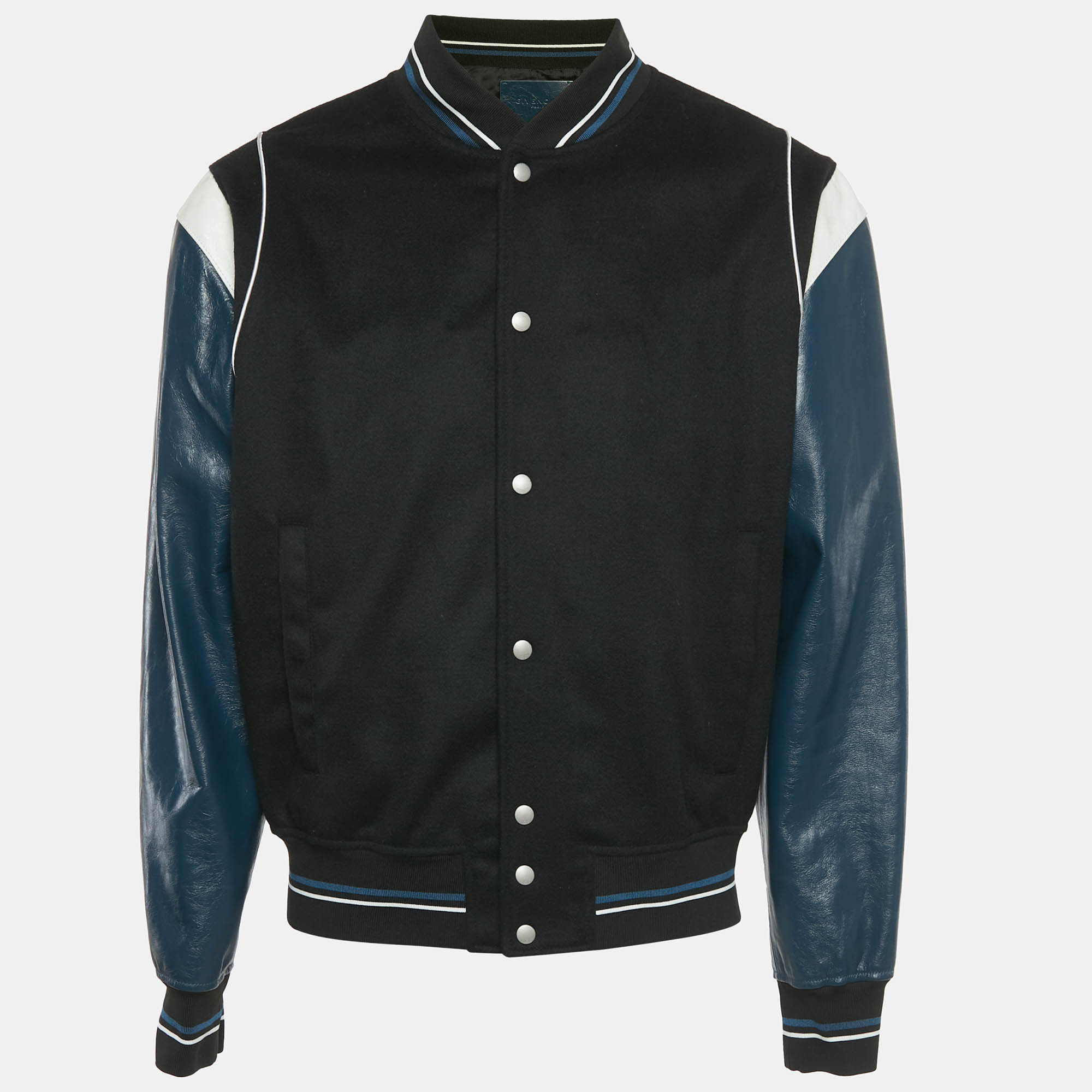Pre Owned Givenchy Black /Teal Wool &Leather Logo Detail Bomber Jacket XL