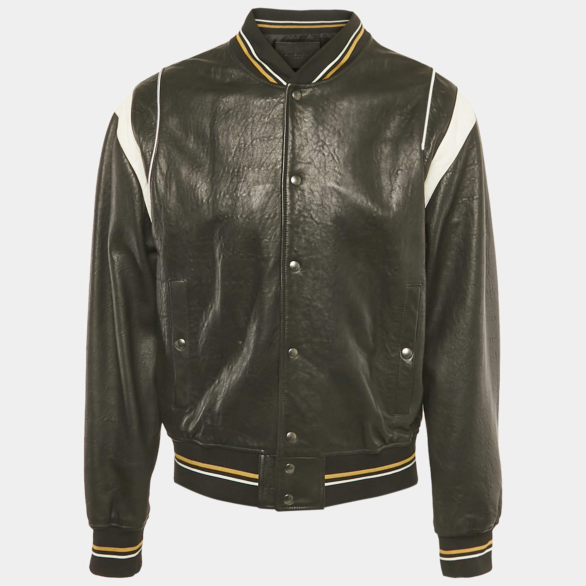Pre Owned Givenchy Black Leather Monogram Bomber Jacket XL 