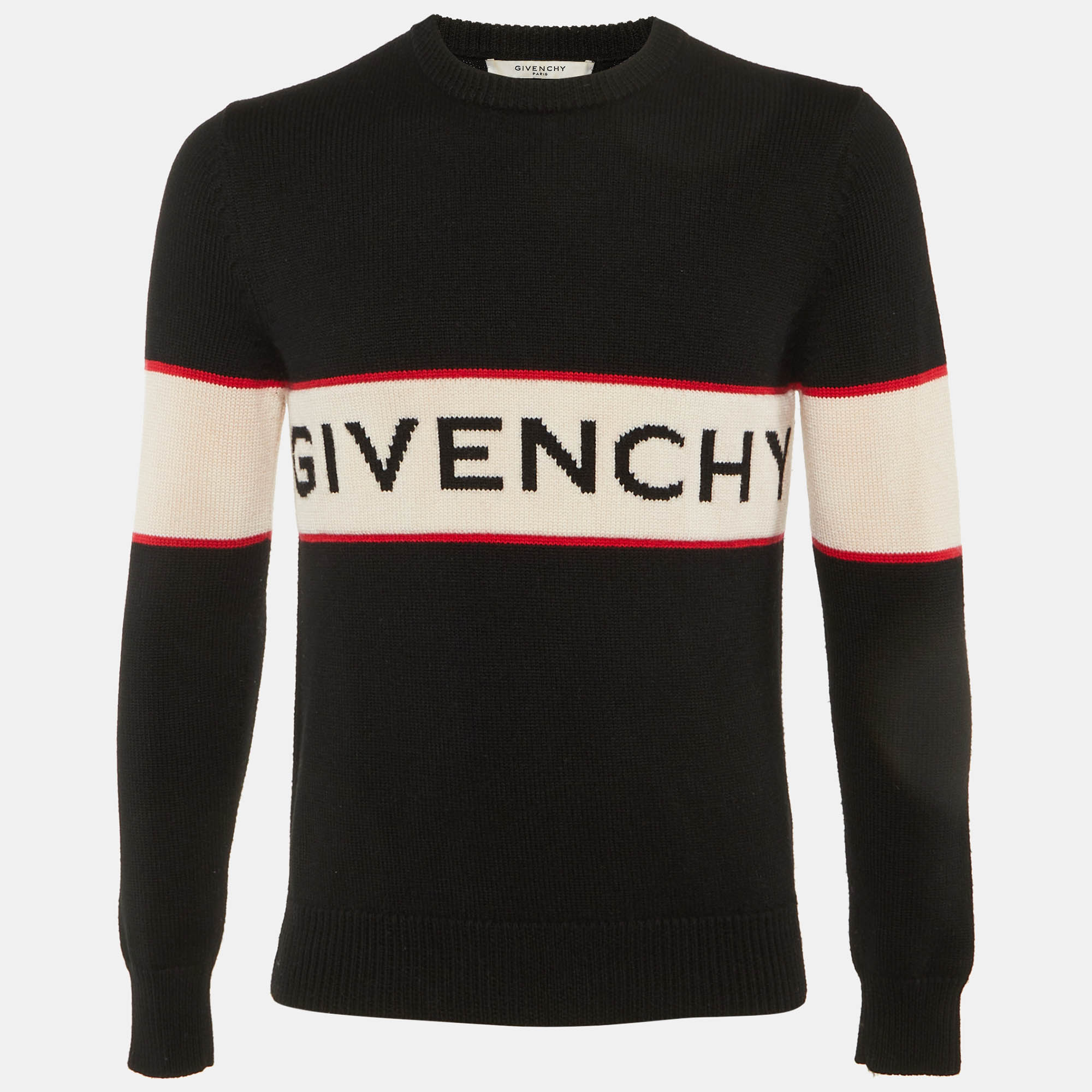 مملوكة مسبقًا Givenchy Black Logo Intarsia Wool Knit Sweater S 