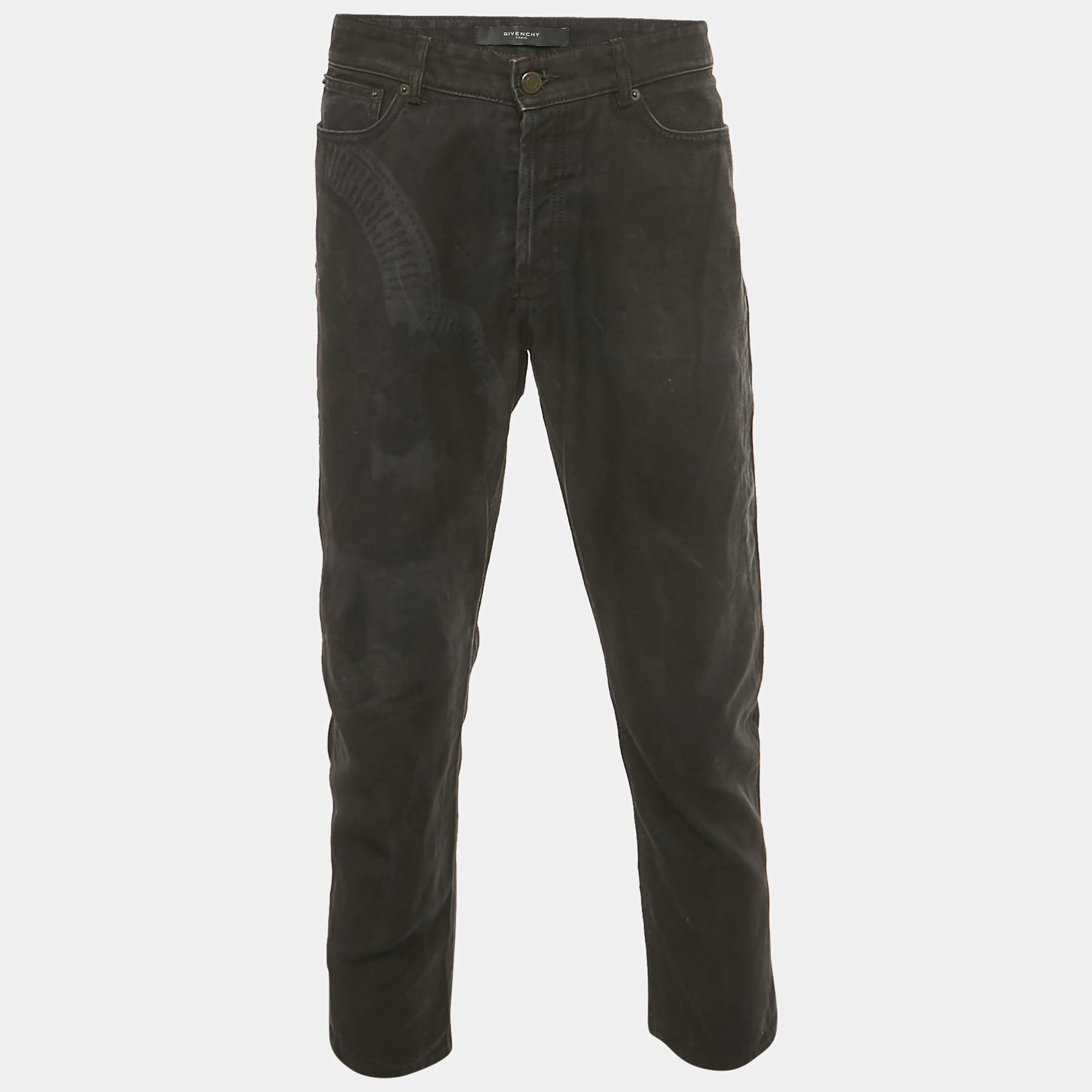 مملوكة مسبقًا بنطلون جينز مطبوع جيفنشي أسود دنيم بحزام خصر مقاس كبير جداً 38 بوصة