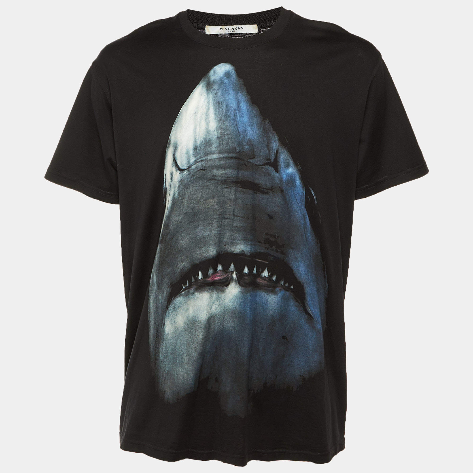Pre Owned Givenchy Black Shark Print Cotton Crew Neck T-Shirt M