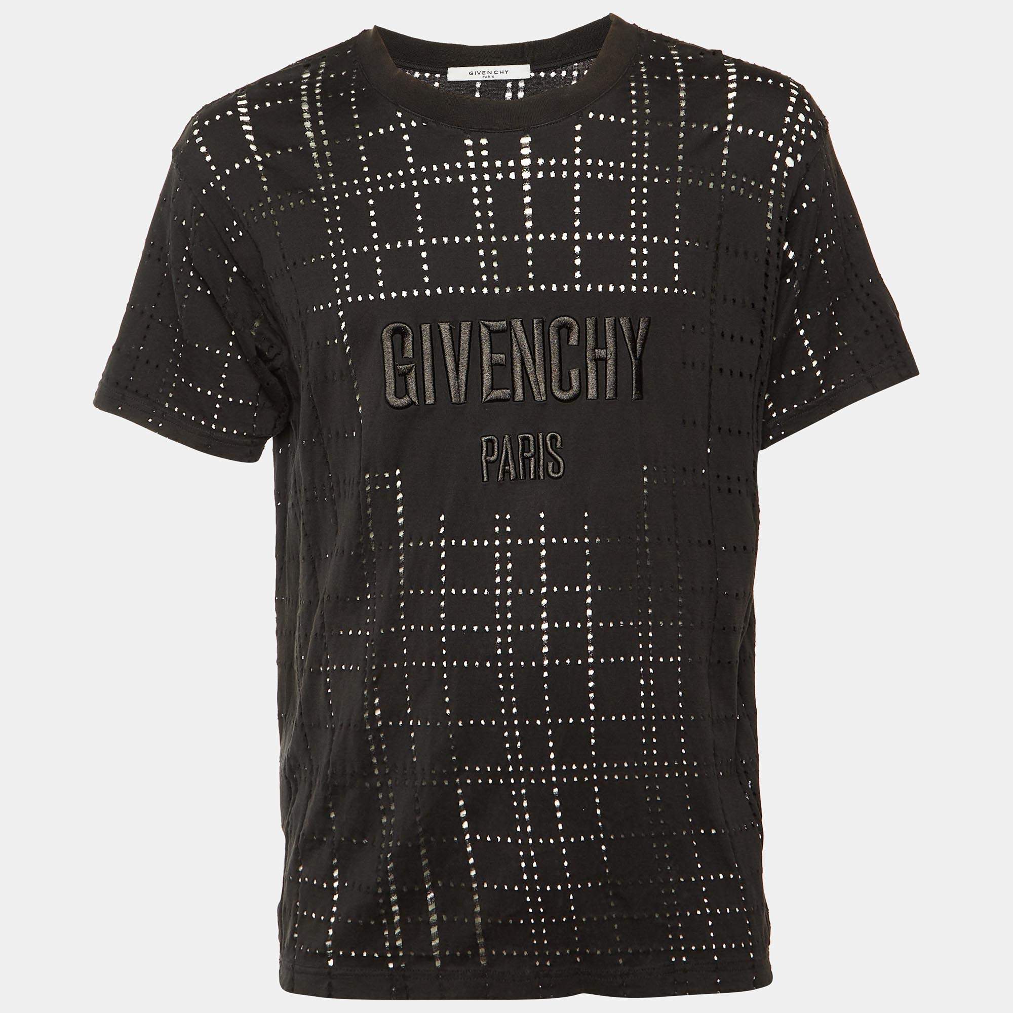 Pre Owned تي شيرت جيفنشي تطريز شعار جيرسي مثقوب أسود مقاس وسط (ميديوم)