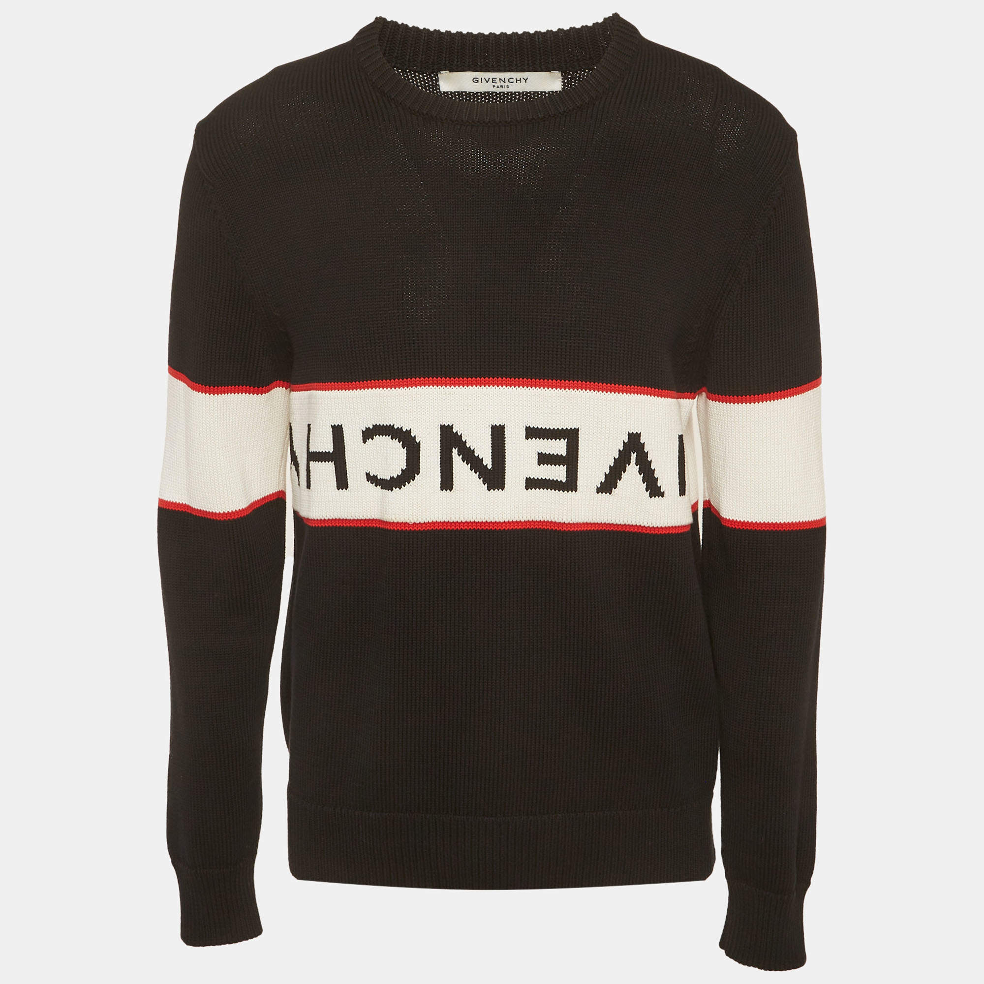 مملوكة مسبقًا سترة جيفنشي قطنية سوداء برقبة مستديرة وشعار محبوك مقاس كبير