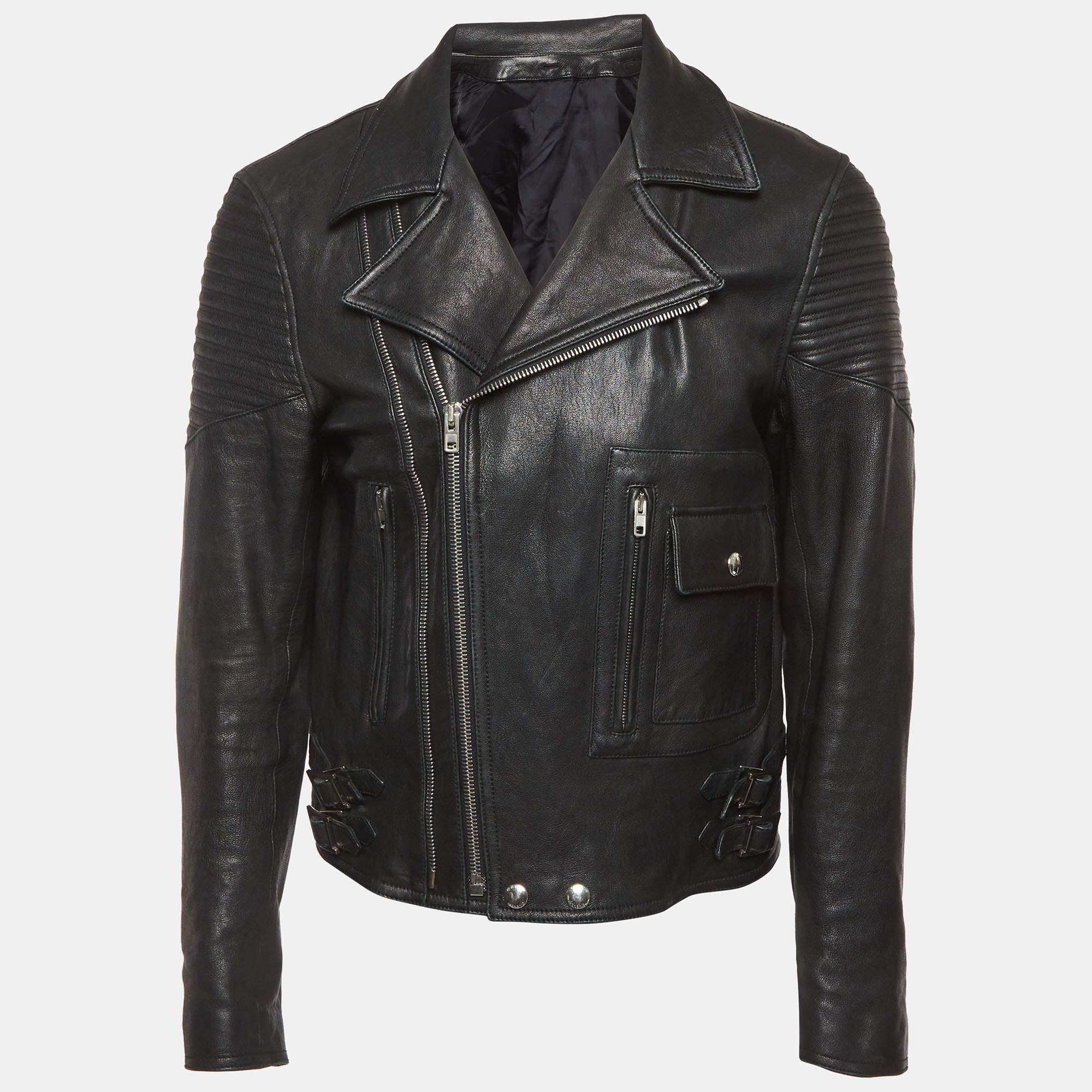 Pre Owned Givenchy Black Leather Zip Up Biker Jacket XL