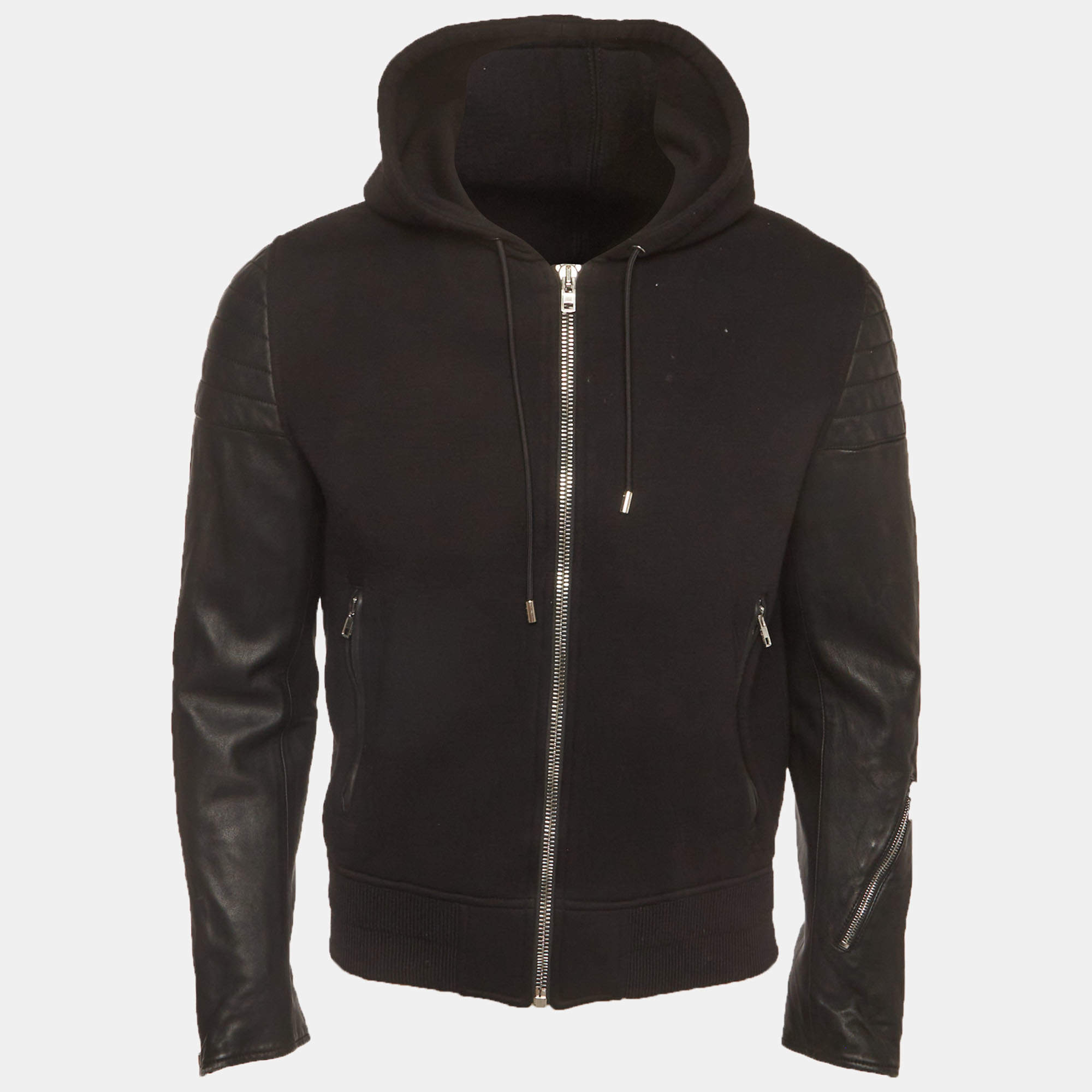 Pre Owned Givenchy Black Neoprene and Leather Hooded Bomber Jacket M