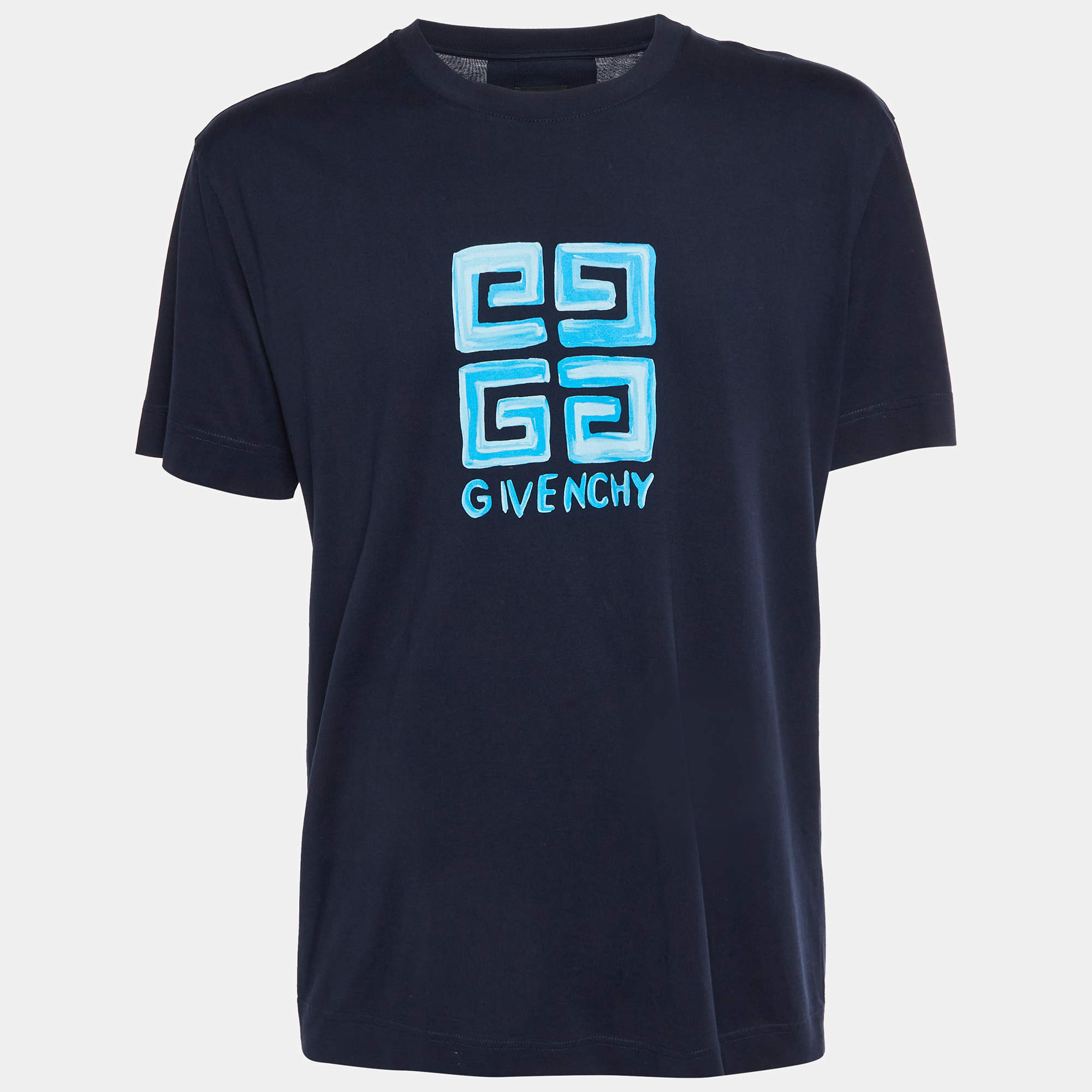 Pre Owned Givenchy Navy Blue 4G Logo Print Cotton Knit Crewneck T-Shirt M