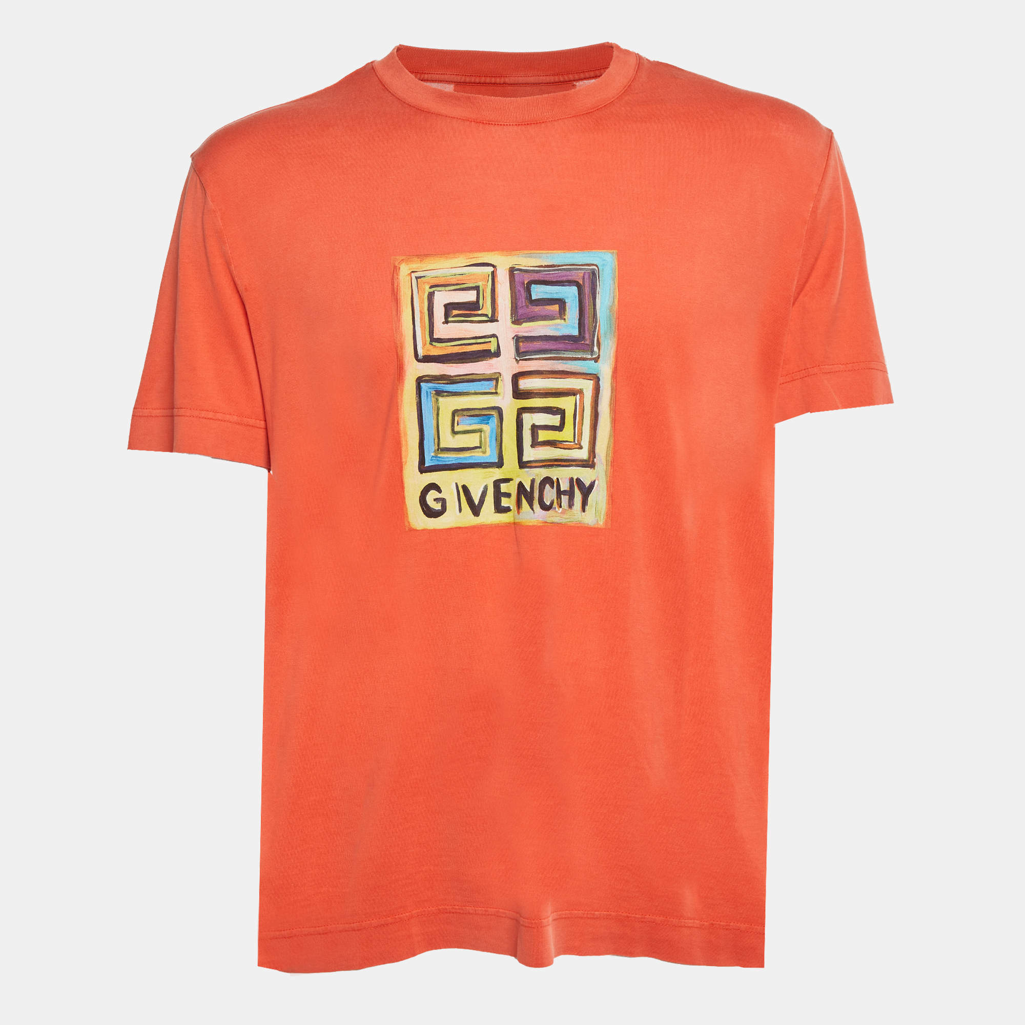 Pre Owned Givenchy Orange Logo Graphic Jersey Slim Fit T-Shirt L