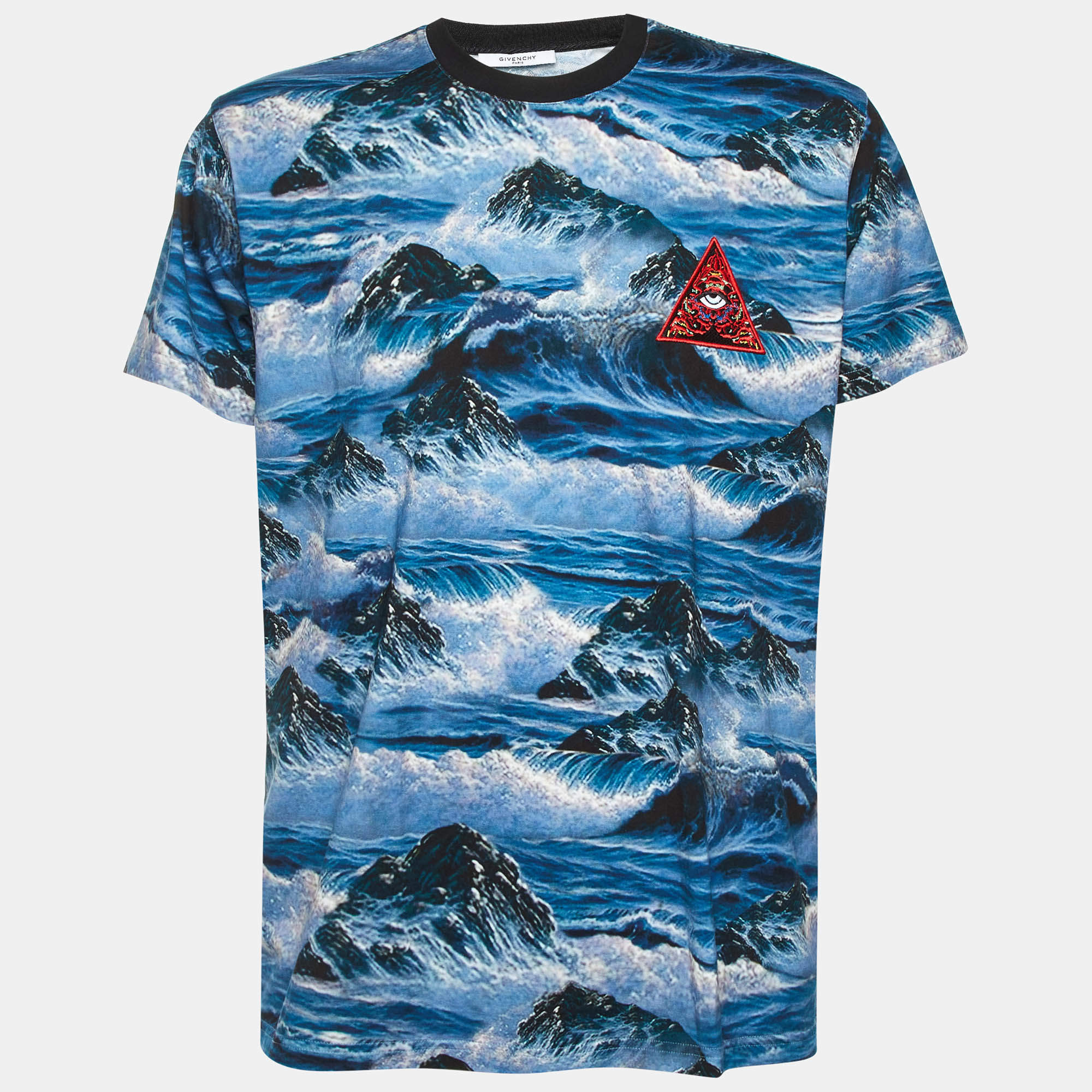 Pre Owned Givenchy Blue Ocean Wave Print Jersey Crew Neck T-Shirt S