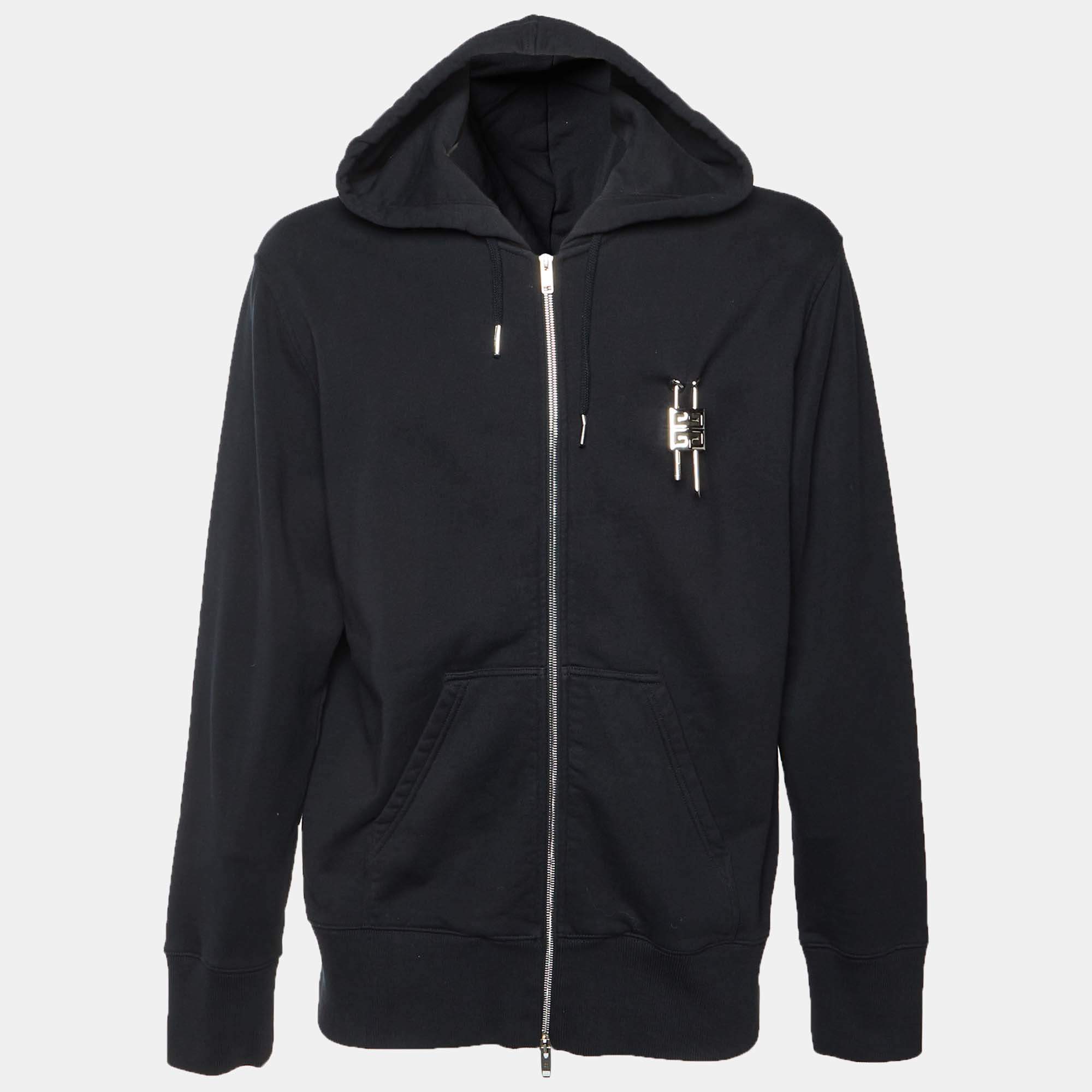 Pre Owned Givenchy Black Cotton Jersey Padlock Detail Zip Up Hoodie L