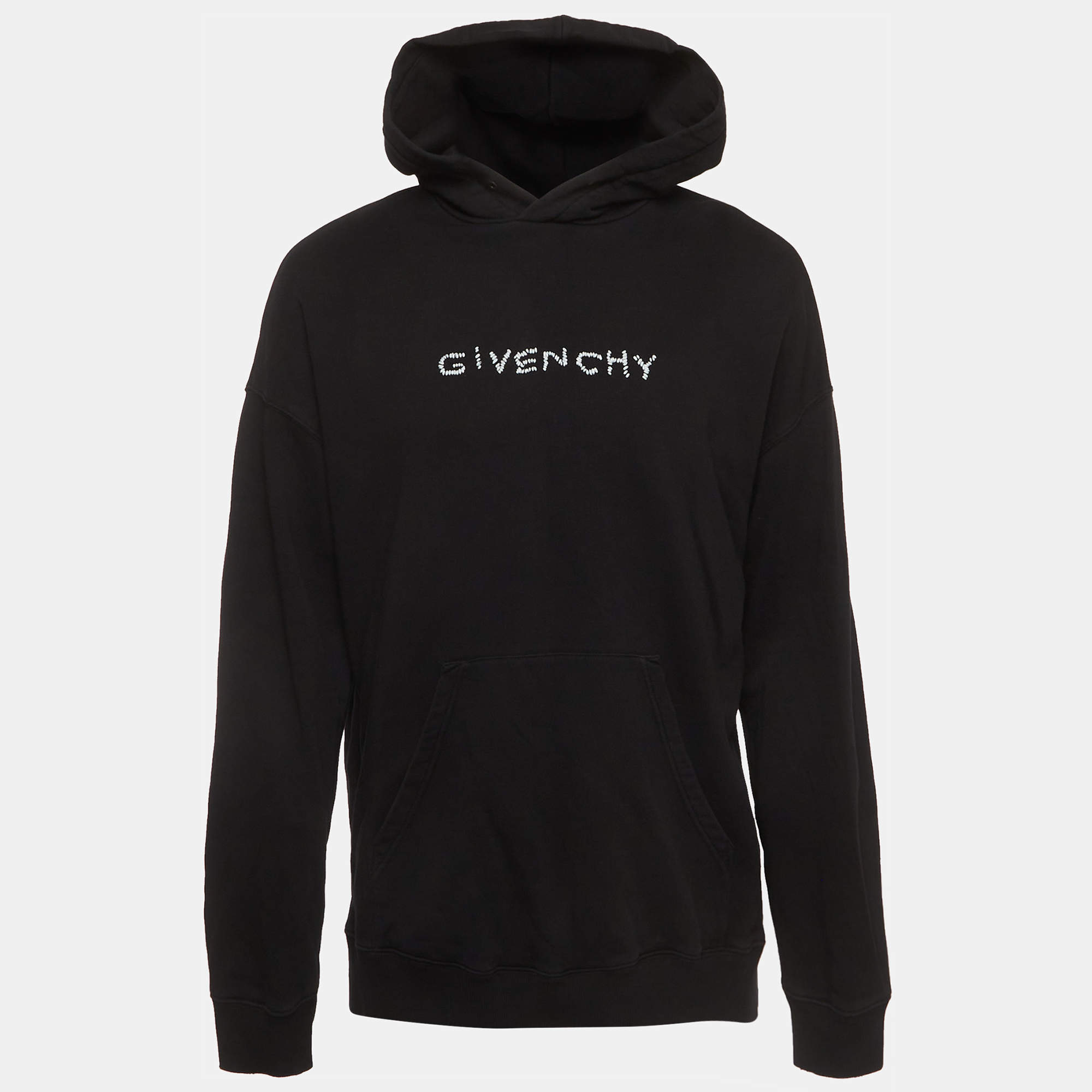 مملوكة مسبقًا Givenchy Black Logo Embroidered Distressed Cotton Knit Hoodie XL