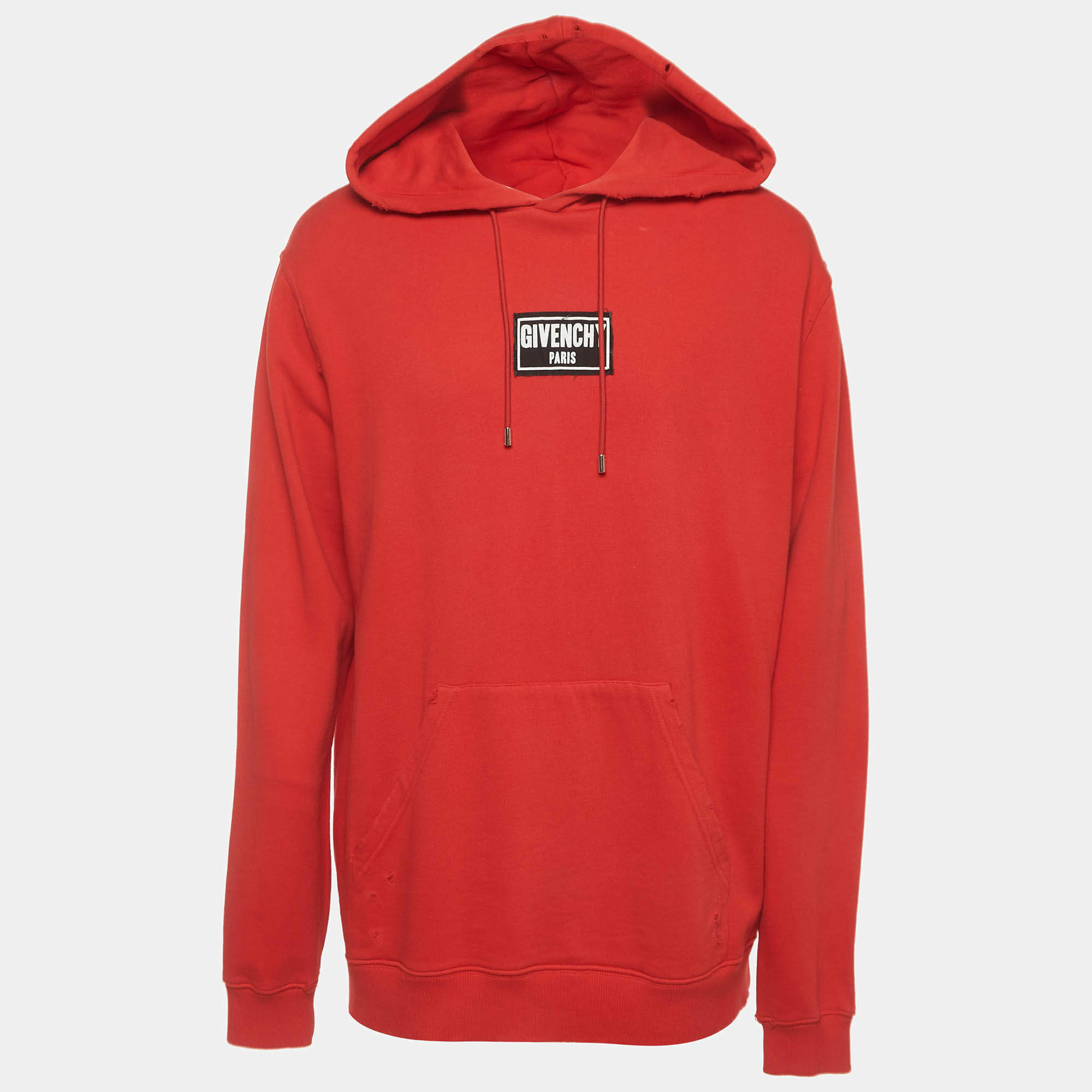 Pre Owned Givenchy Red Logo Patch Distressed Cotton Knit Hoodie XXL