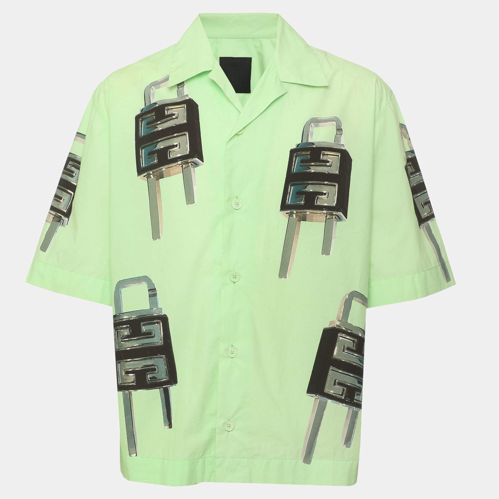 Pre Owned Givenchy Green 4G Lock Graphic Poplin Hawaiian Short Sleeve Boxy Fit Shirt M