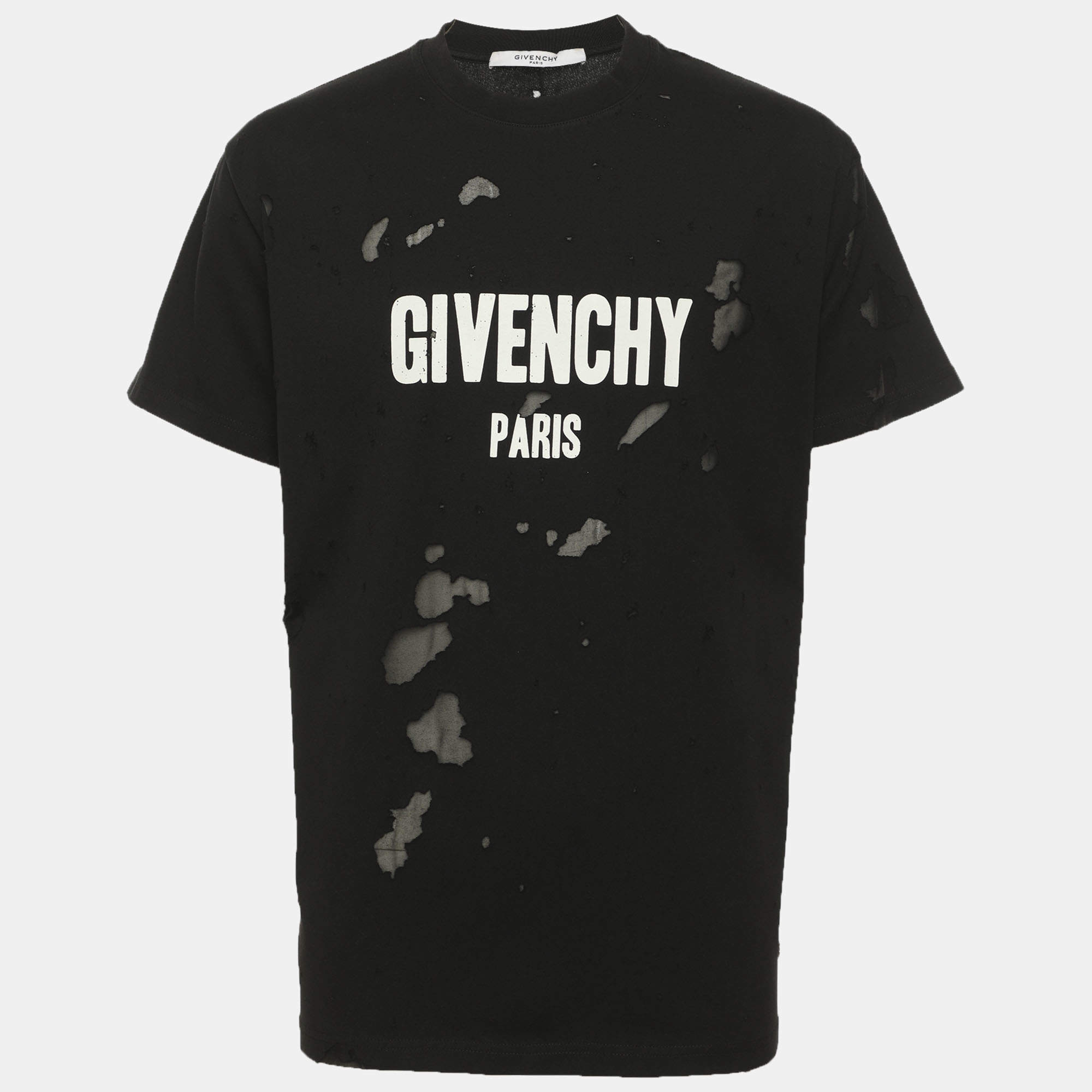 مملوكة مسبقًا Givenchy Black Destroyed Effect Cotton Logo Print T-Shirt XS