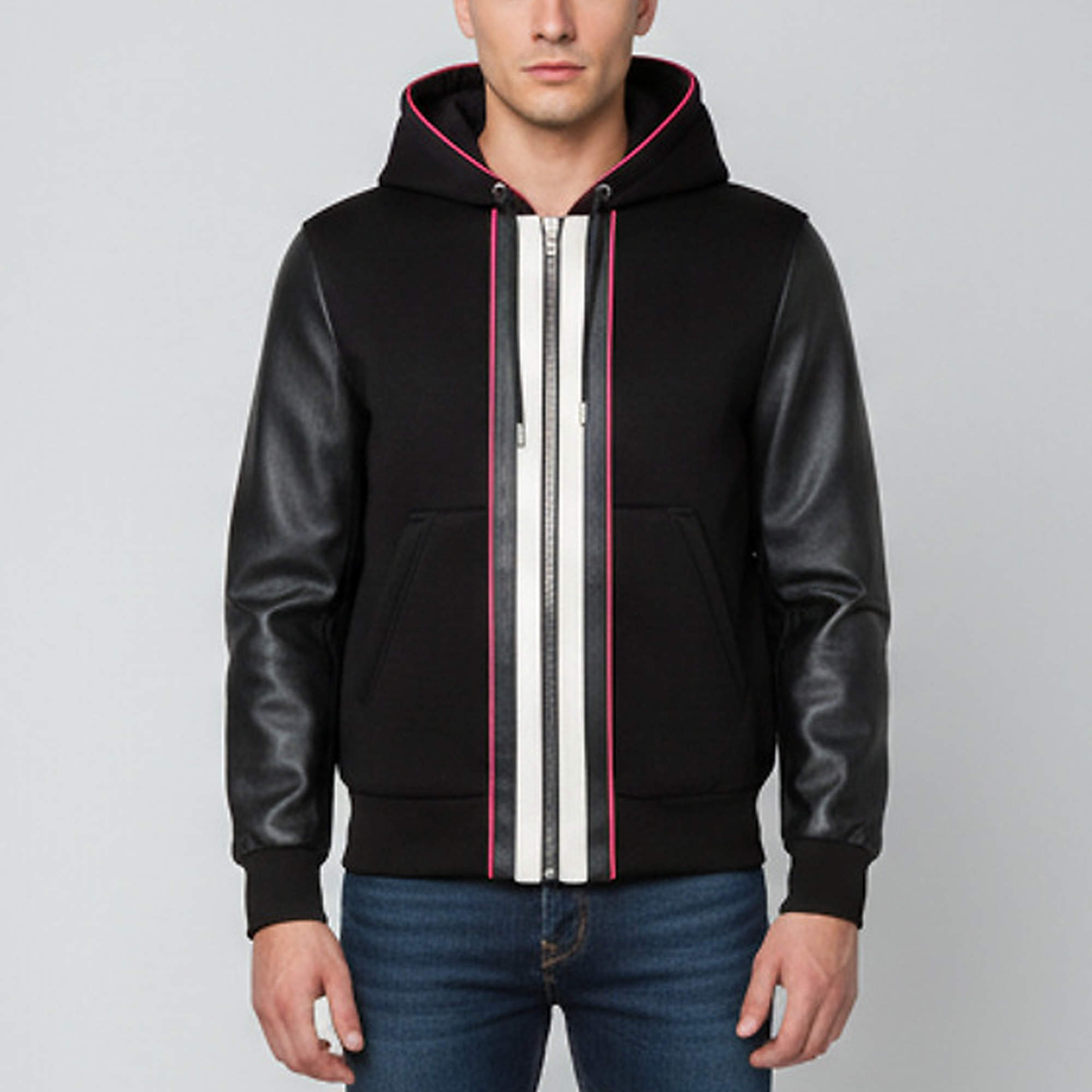 مملوكة مسبقًا Givenchy Black Leather and Neoprene Hooded Bomber Jacket S