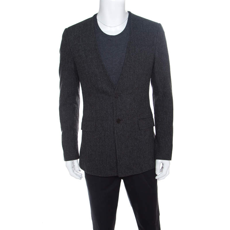 Givenchy Grey Wool Herringbone Pattern Collarless Tailored Jacket L