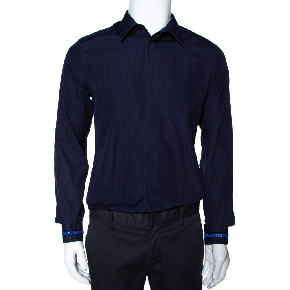 Pre Owned Givenchy Navy Blue Cotton Zipper Cuff Detail Long Sleeve Shirt M