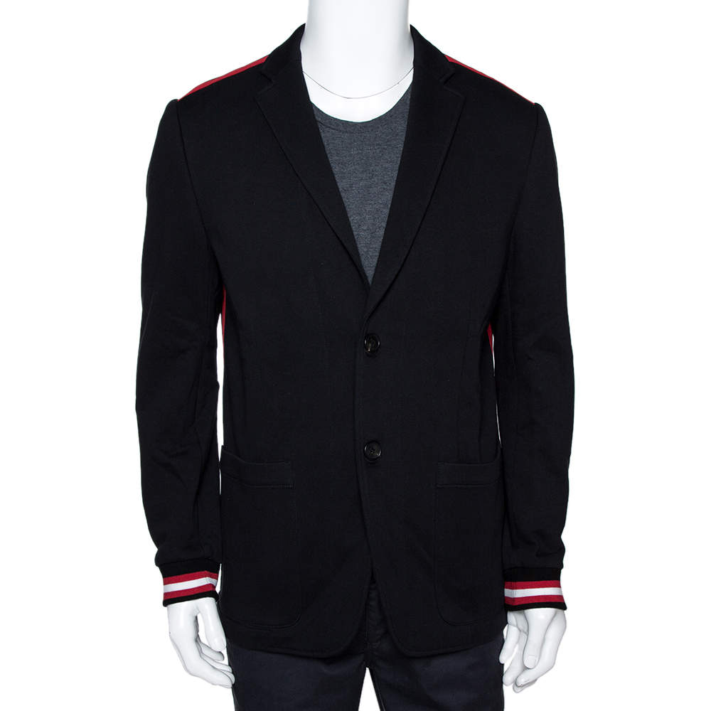 Pre Owned Givenchy Black Cotton Knit Striped Trim Two Buttoned Blazer L