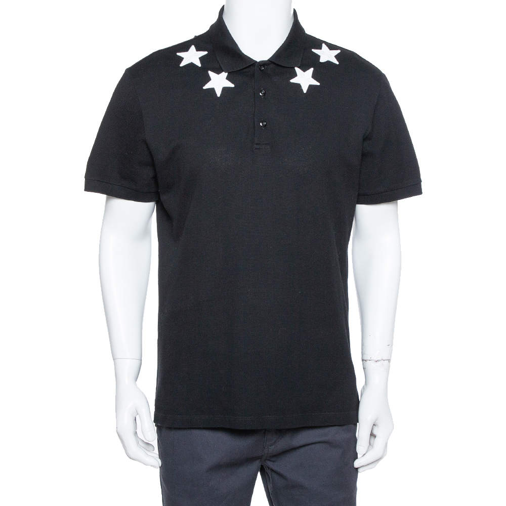 Pre Owned Givenchy Black Cotton Pique Star Embroidered Polo T Shirt XXL
