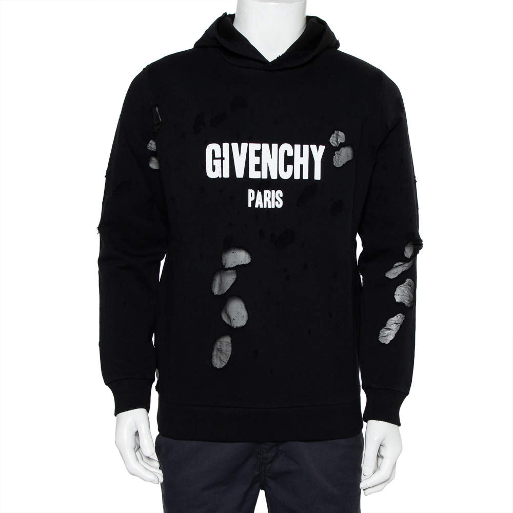 Givenchy Black Cotton Logo Printed Distressed Hoodie S