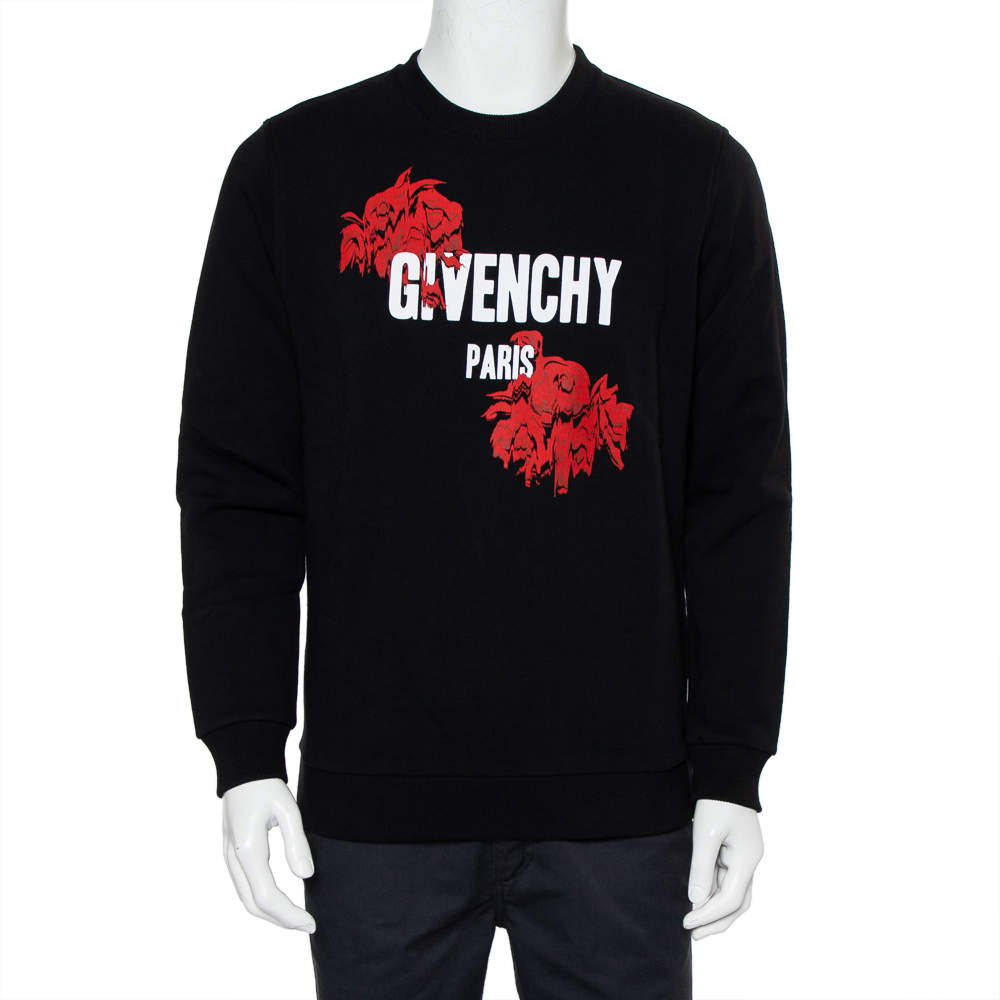 مملوكة مسبقًا Givenchy Black Rose Printed Cotton Crewneck Cuban Fit Sweatshirt S