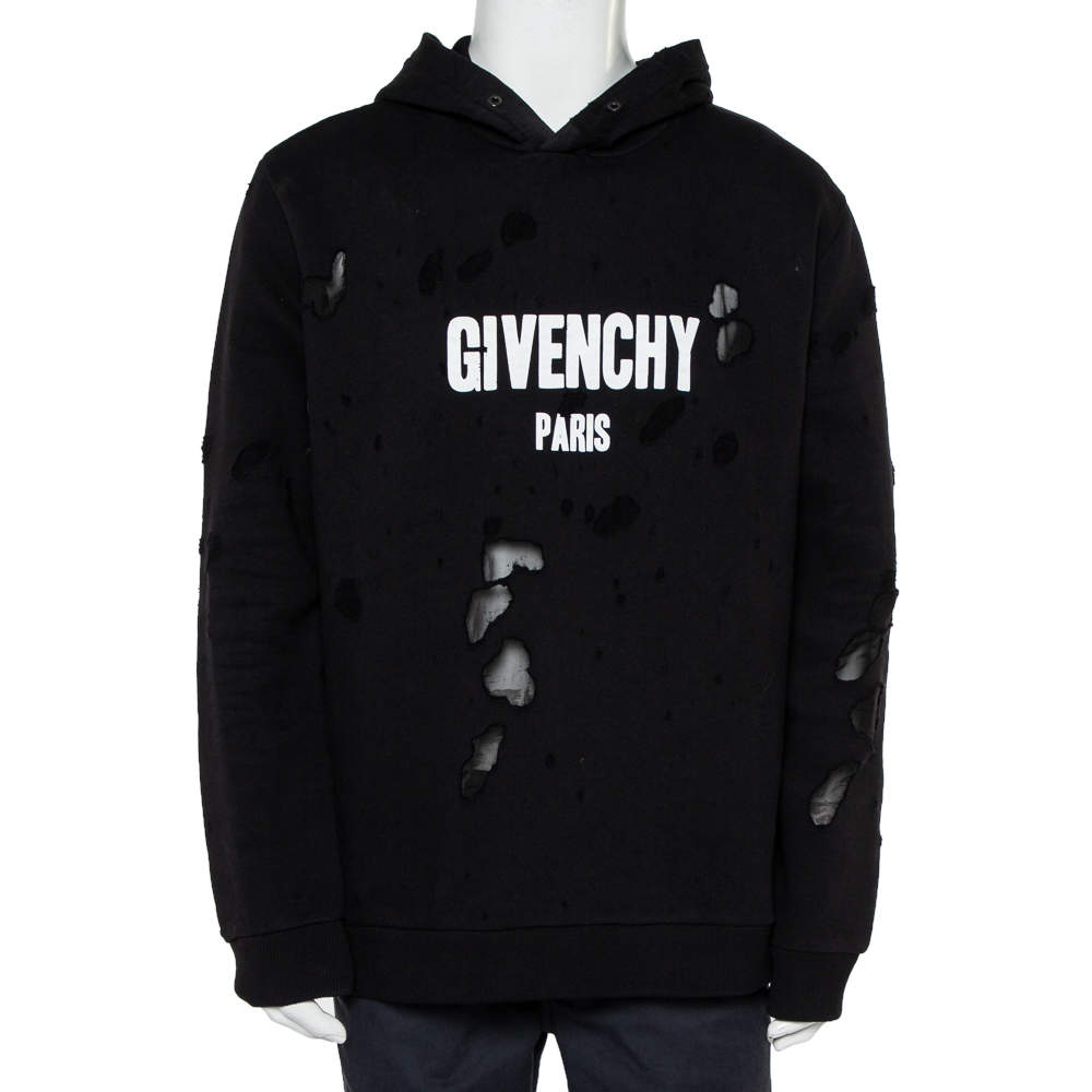 Givenchy Black Cotton Distressed Hoodie XXL