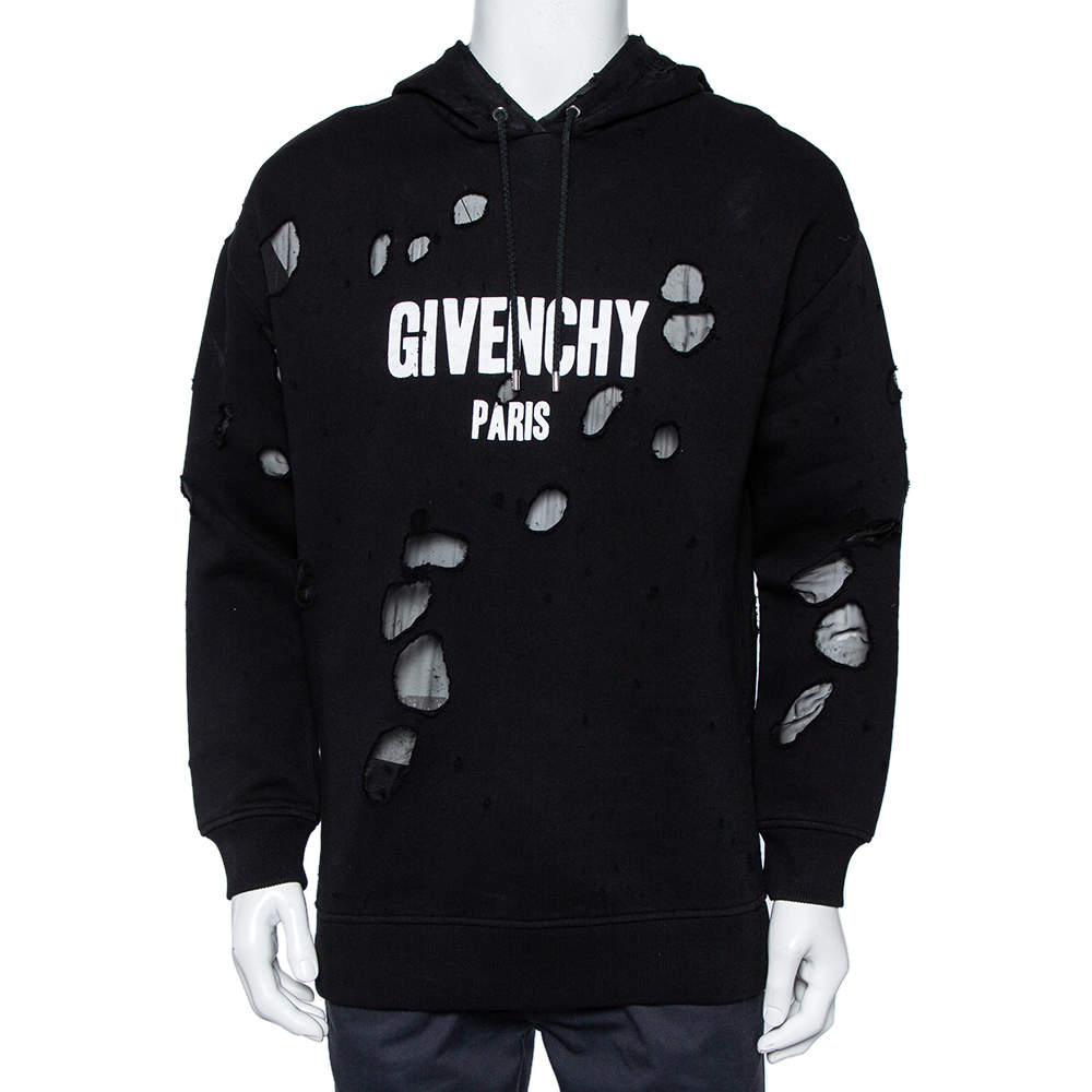 Givenchy Black Cotton Knit Logo Printed Distressed Oversized Hoodie S