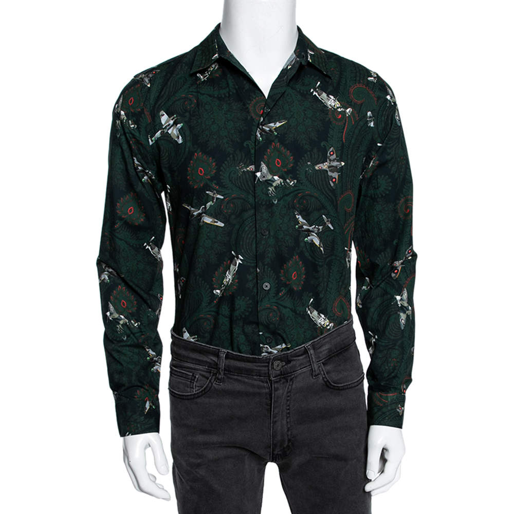 Pre Owned Givenchy Green Airplane Printed Cotton Button Front Shirt M