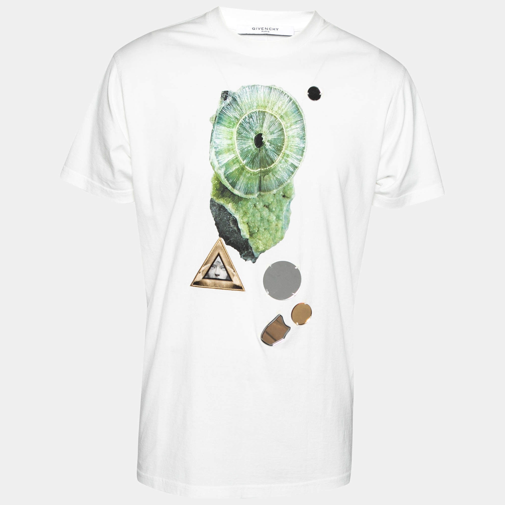 Pre Owned توب جيفنشي قطن أبيض مطبوع ومزخرف مرآة رقبة مستديرة مقاس صغير جداً (اكس سمول)