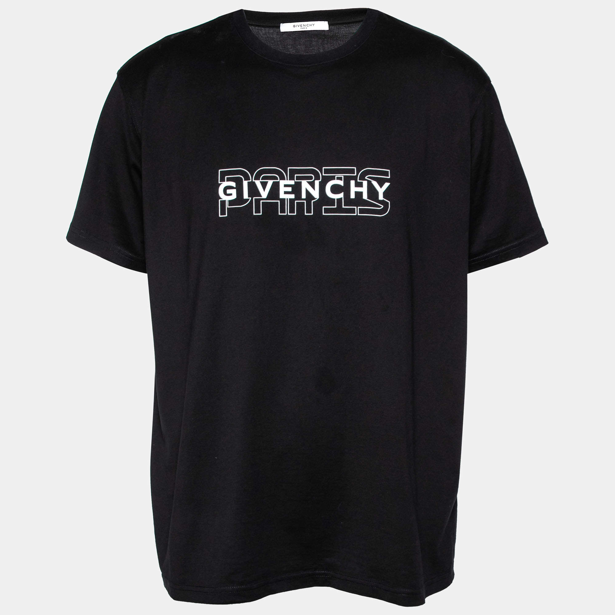 Pre Owned تي شيرت جيفنشي قطن أسود بطبعة الشعار وبأكمام قصيرة مقاس كبير جدًا - إكس لارج