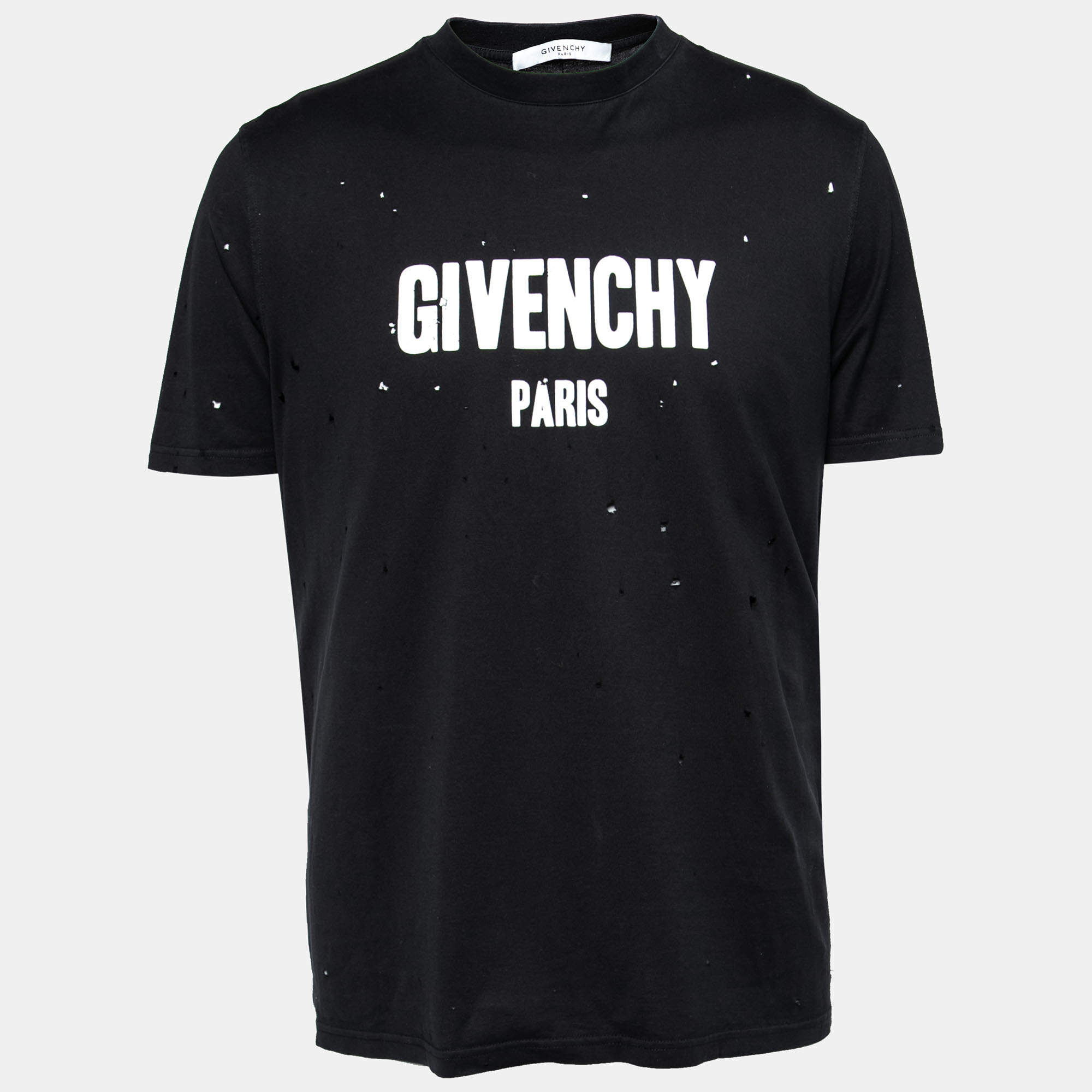 Pre Owned Givenchy Black Distressed Cotton Logo Printed Short Sleeve T-Shirt S