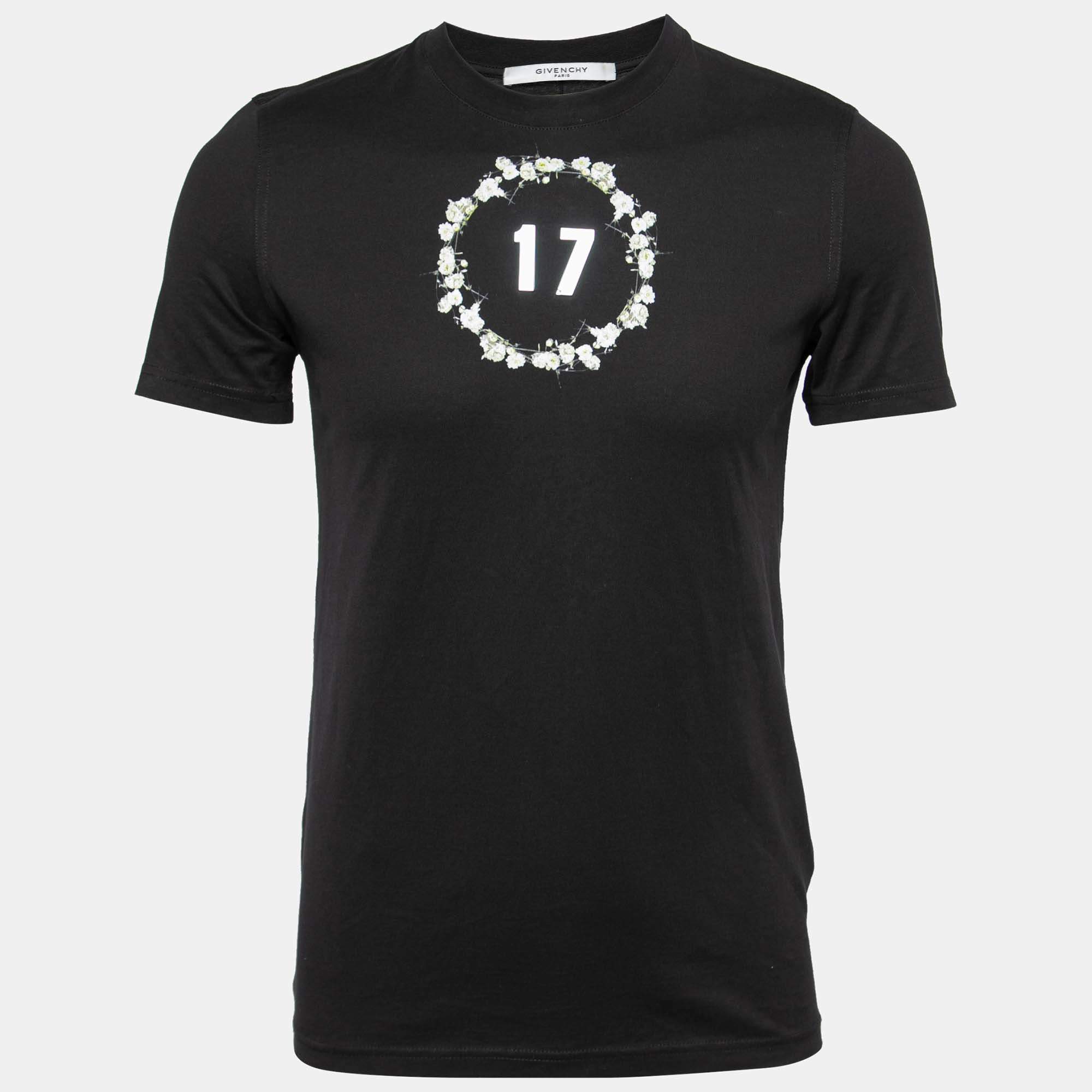 مملوكة مسبقًا Givenchy Black Floral Printed Cotton Metal 17 Detail Crewneck T-Shirt XS