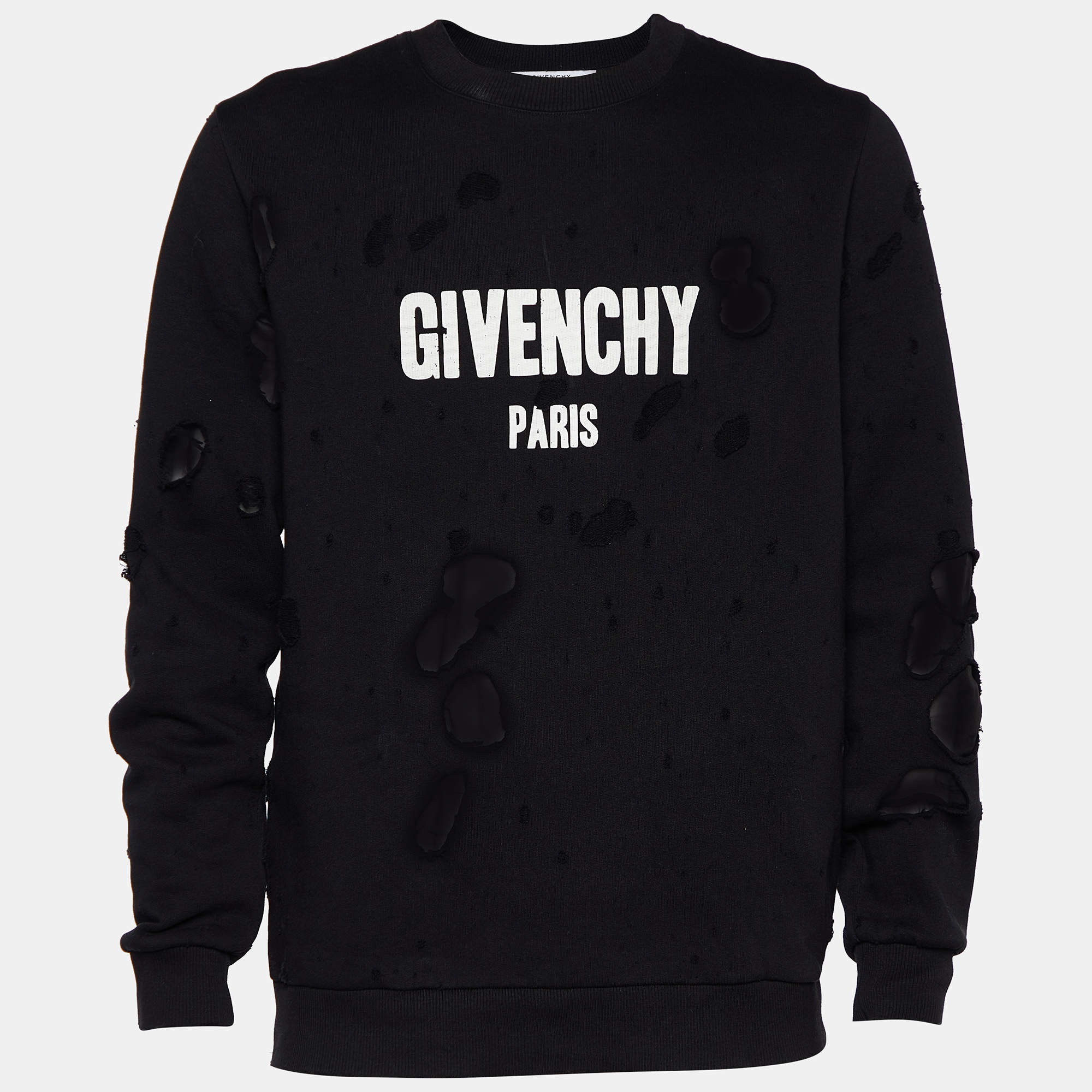 مملوكة مسبقًا Givenchy Black Logo Print Cotton Distressed Crew Neck Sweatshirt M