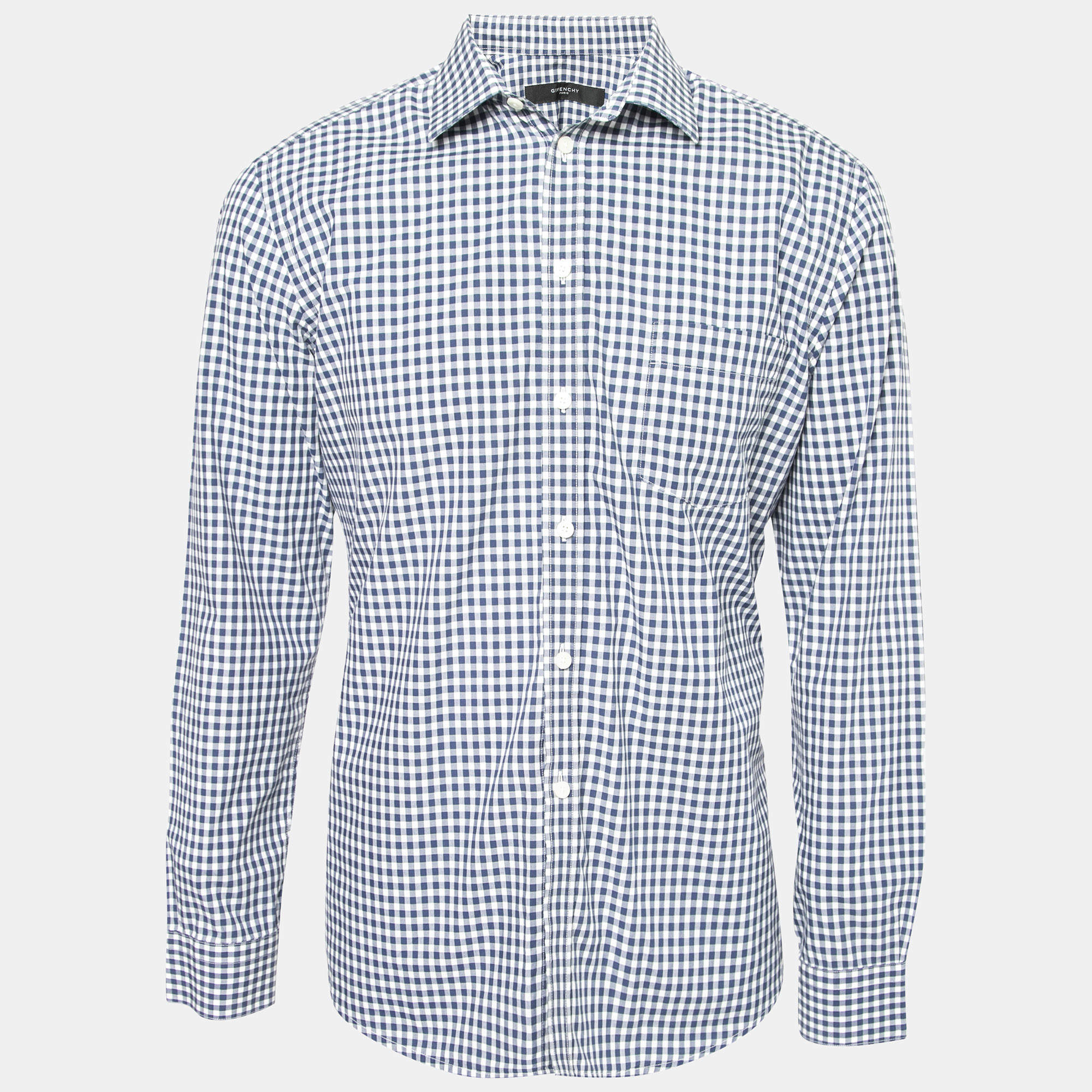 Givenchy Blue Gingham Print Cotton Button Front Shirt L
