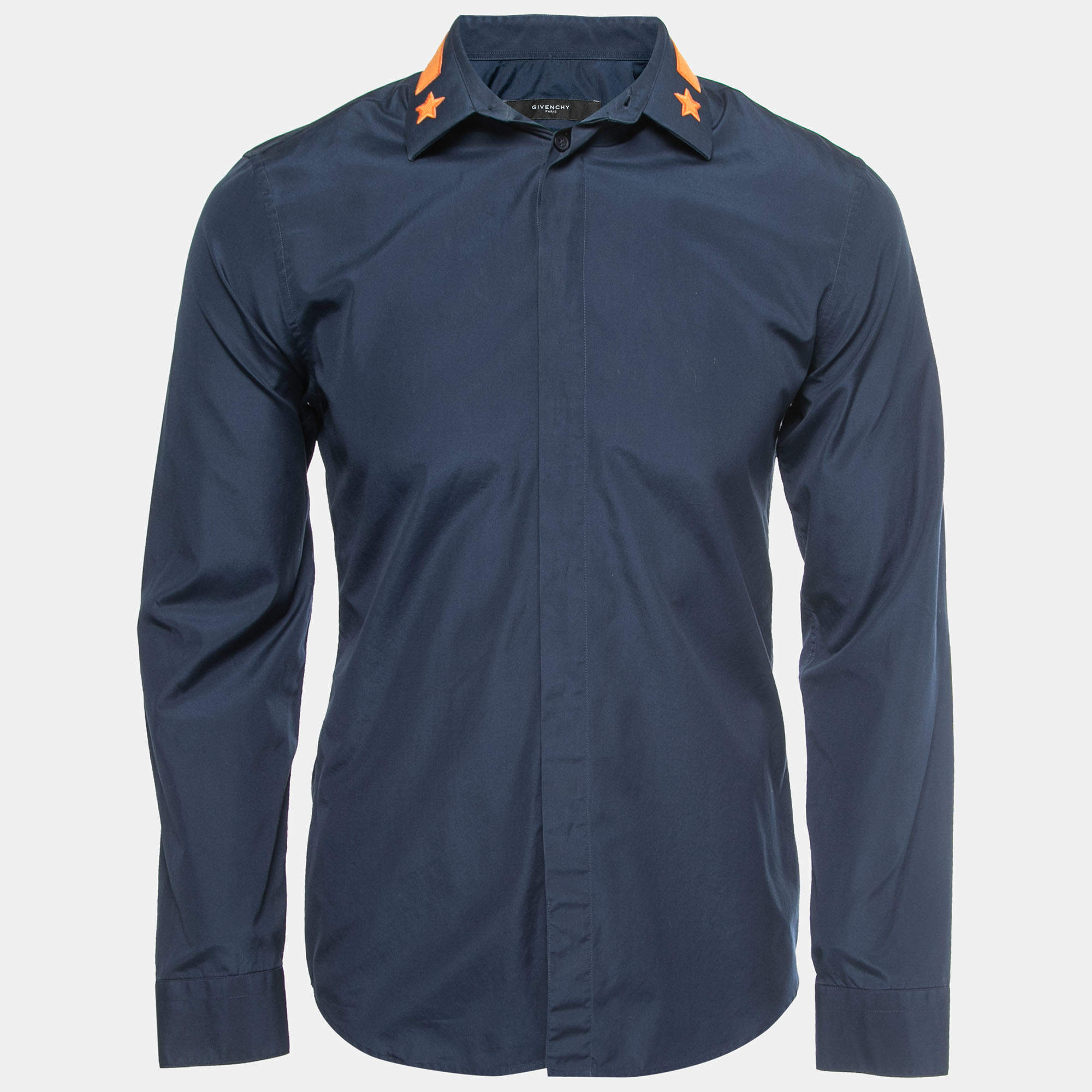 Givenchy Navy Blue Cotton Star-Embroidered Collar Button Front Shirt M
