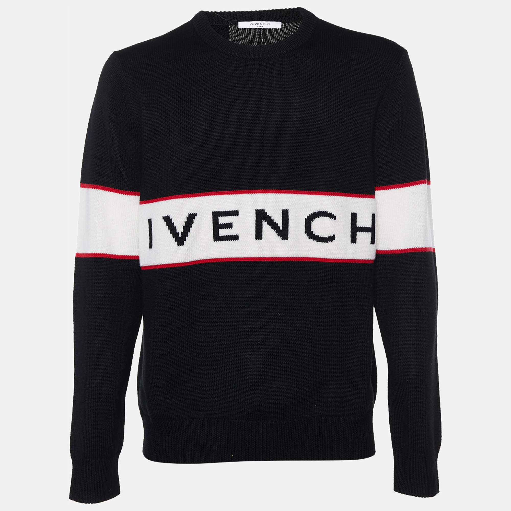 Givenchy Black Logo Intarsia Band Wool Crewneck Sweater XL Givenchy | TLC