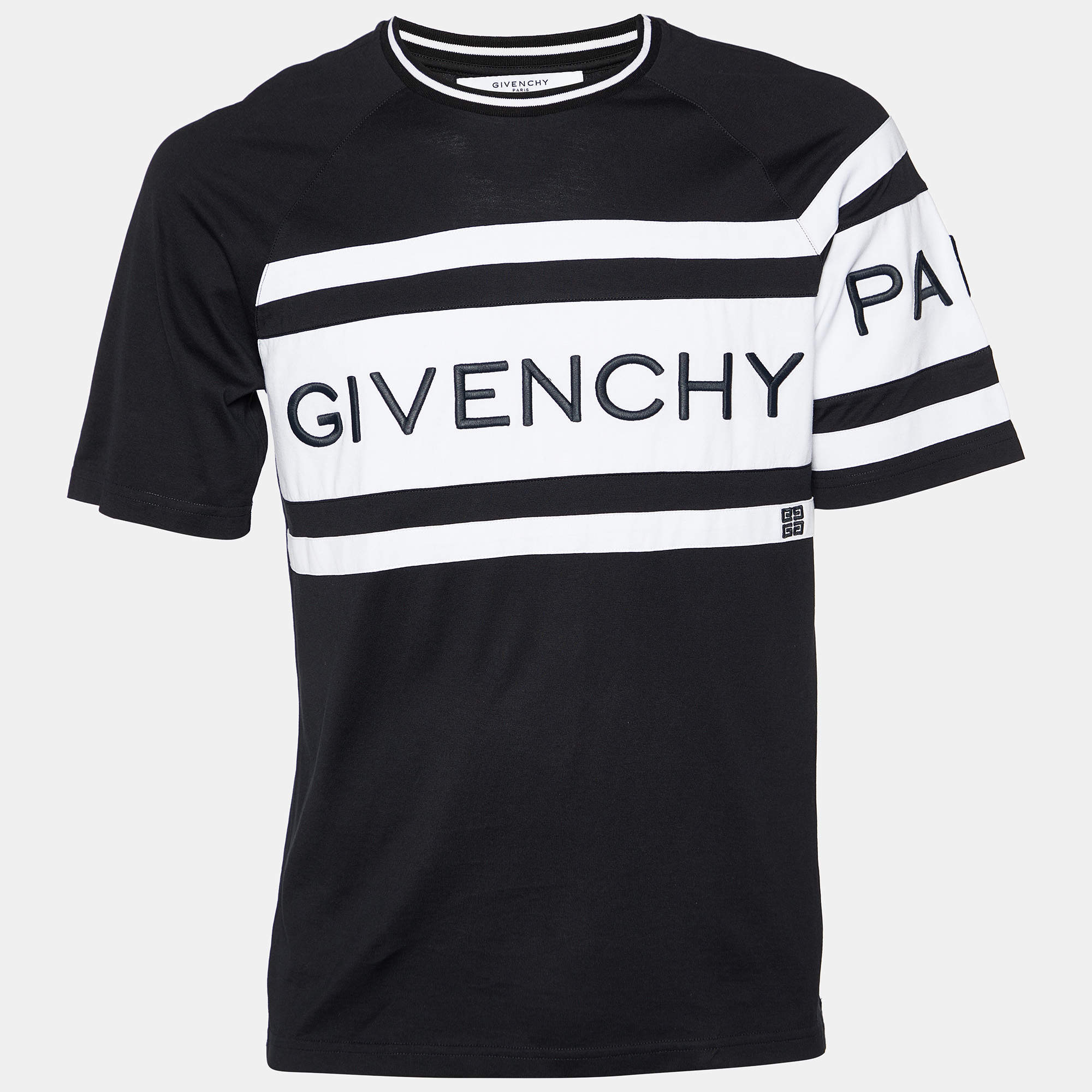 Pre Owned Givenchy Black Contrast Logo Embroidered Cotton Knit Crewneck T-Shirt S