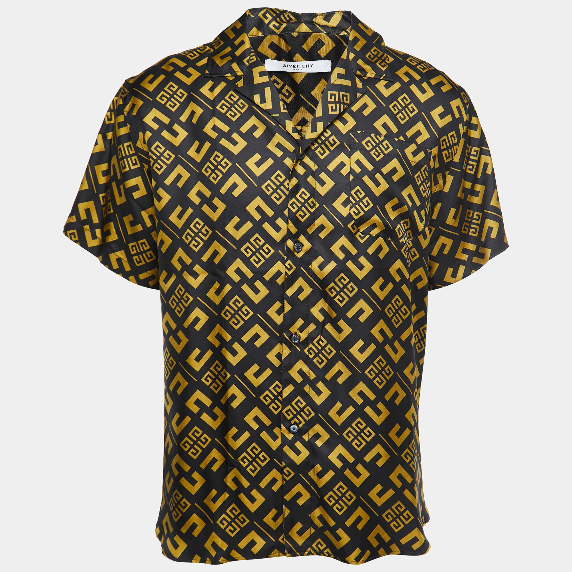 مملوكة مسبقًا Givenchy Black Logo Print Silk Button Front Half Sleeve Shirt L
