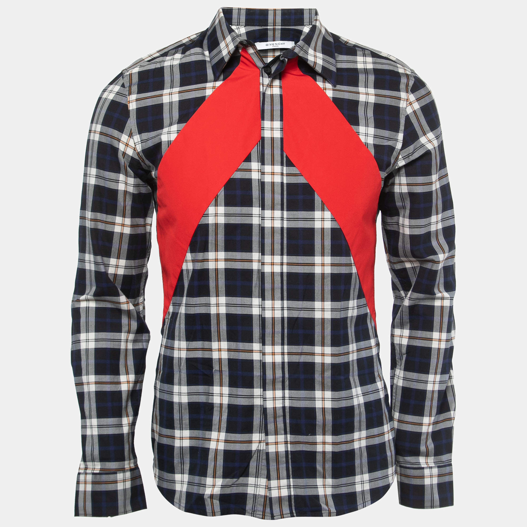 Givenchy Navy Blue Plaid Cotton Contrast Paneled Button Front Full Sleeve Shirt M
