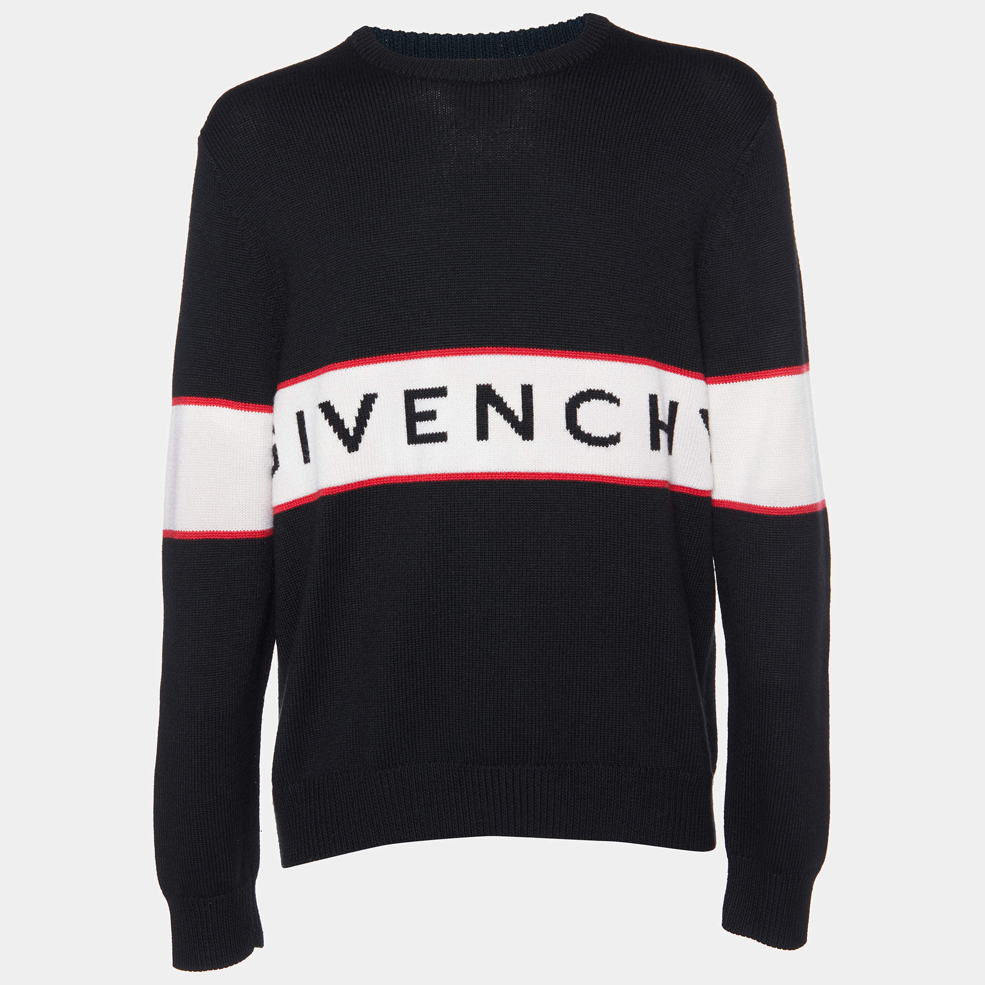 Pre Owned Givenchy  Black Logo Band Intarsia Wool Knit Sweater XXL