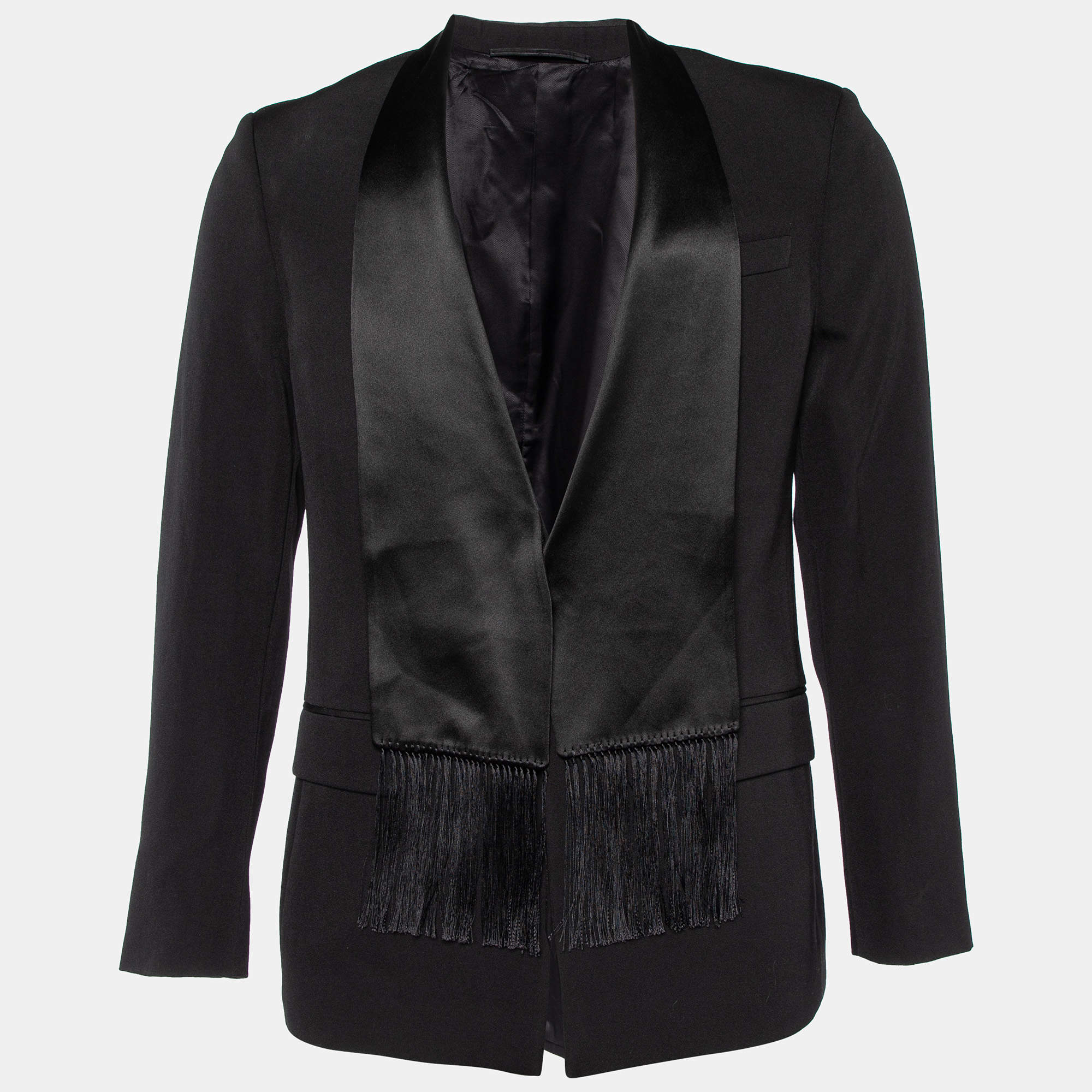 Givenchy Black Wool & Silk Satin Fringed Shawl Collar Blazer M