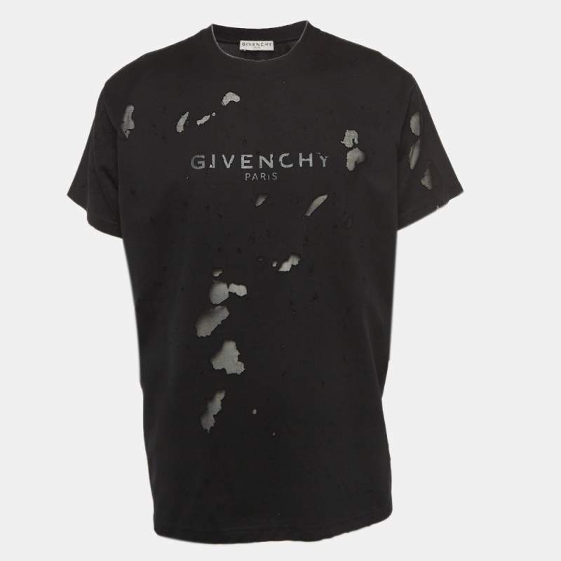 مملوكة مسبقًا Givenchy Black Logo Print Distressed Cotton Crew Neck T-Shirt S