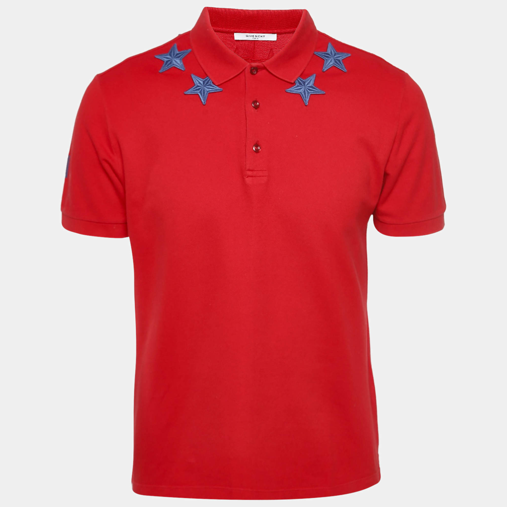 Pre Owned Givenchy Red Star Applique Cotton Pique T-Shirt M