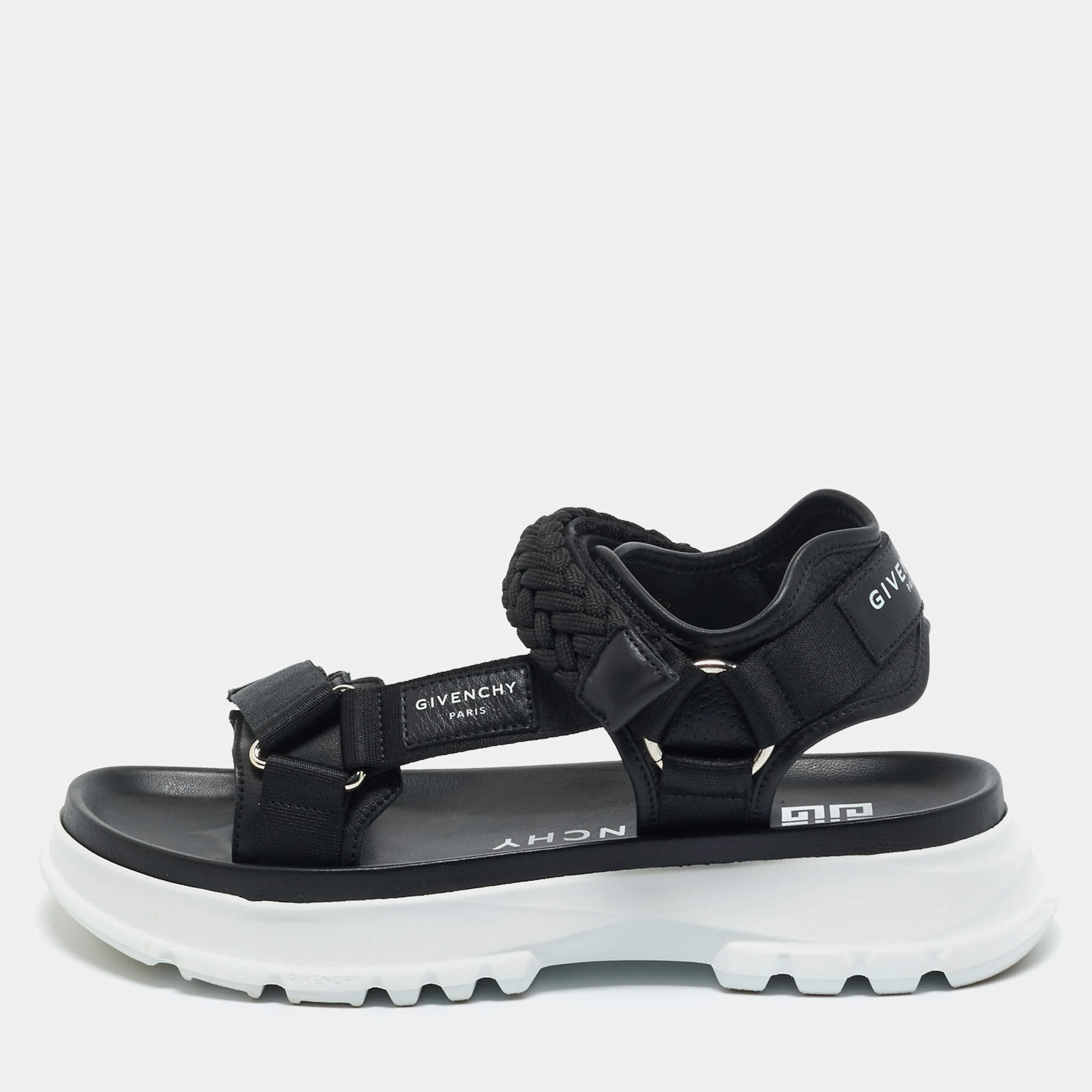 Pre Owned Givenchy Black Canvas and Leather Spectre Flat Sandals Size 42